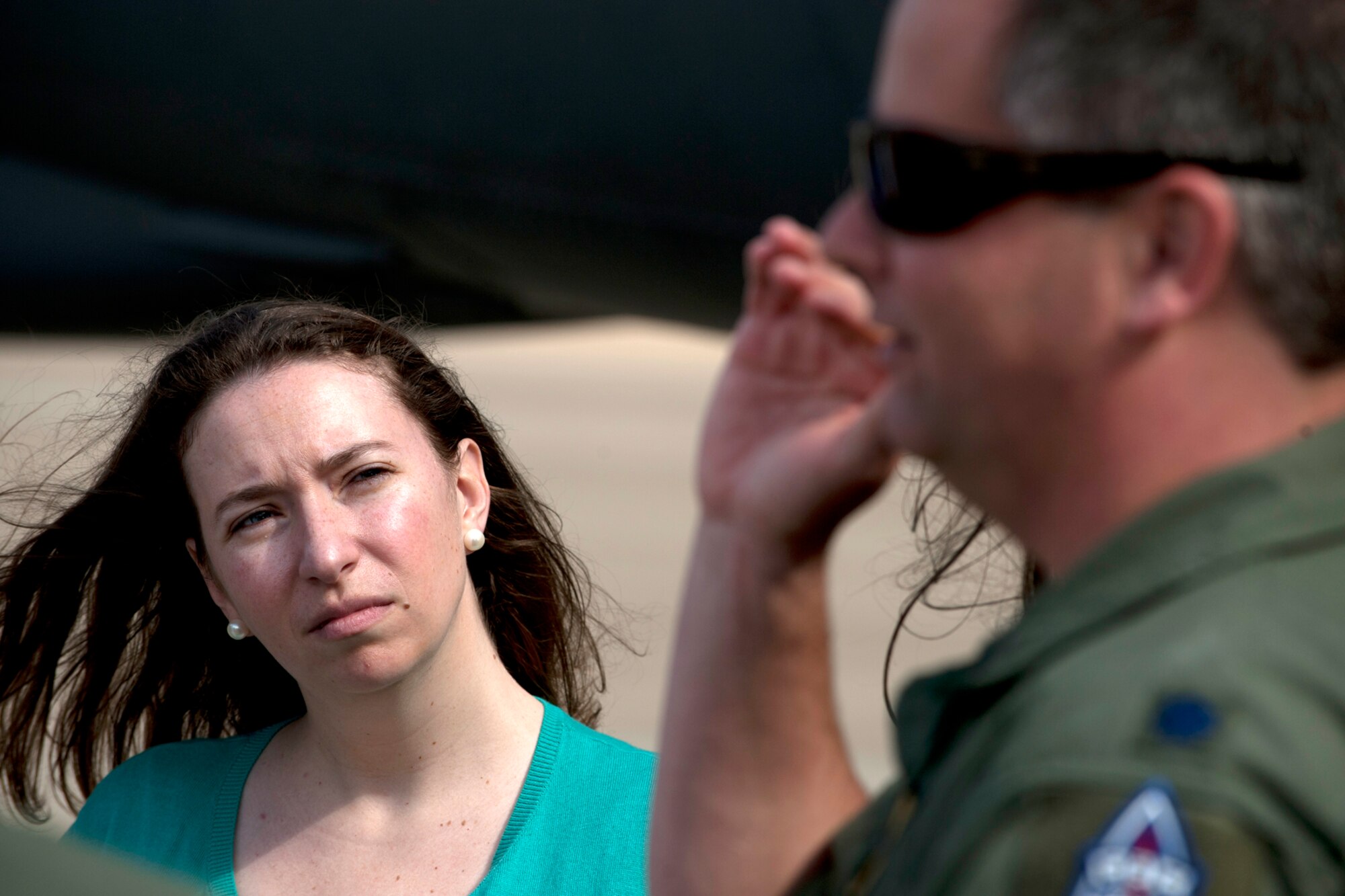 Congressional Staffer Wendy Gnehm listens as a B-52 aircrew member talk about the flight characteristics of the aircraft during a tour at Barksdale Air Force Base, La., Feb. 22, 2012. Gnehm works for the office of Wyoming Senator Mike Enzi and was at Barksdale as part of the Air Force Strategic Intercontinental Ballistic Missile/Bomber Capability Staff Delegation visit. (U.S. Air Force photo by Master Sgt. Greg Steele/Released)