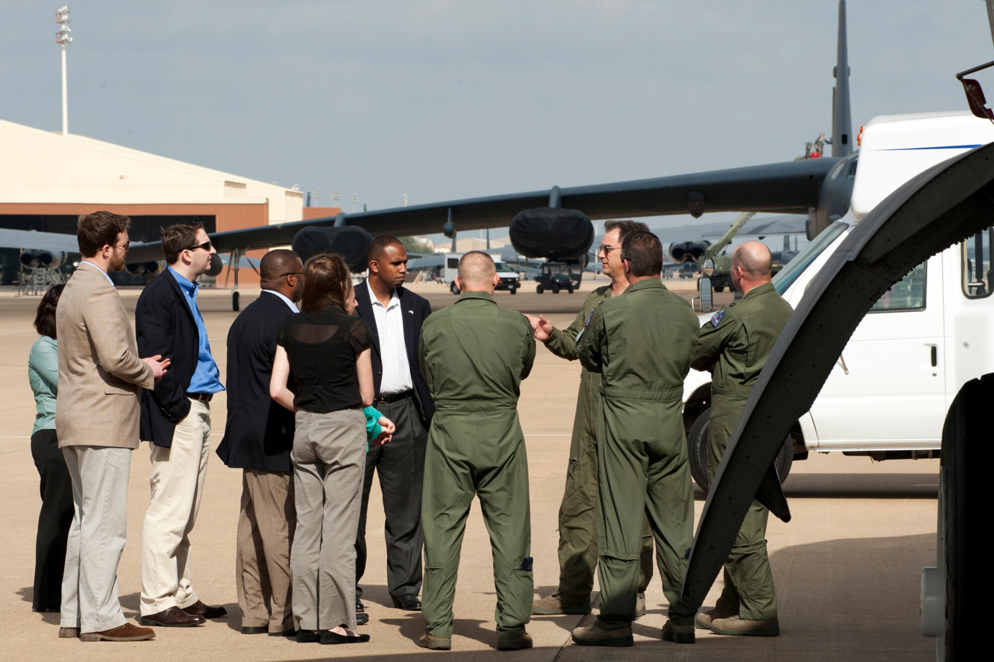 Congressional Staff Delegates visit Barksdale Air Force Base, La., and are given a tour of a B-52H Stratofortress, Feb. 22, 2012. The delegates received a briefing by 8th Air Force and were familiarized with the mission and capabilities of the B-52 at Barksdale. (U.S. Air Force photo by Master Sgt. Greg Steele/Released)