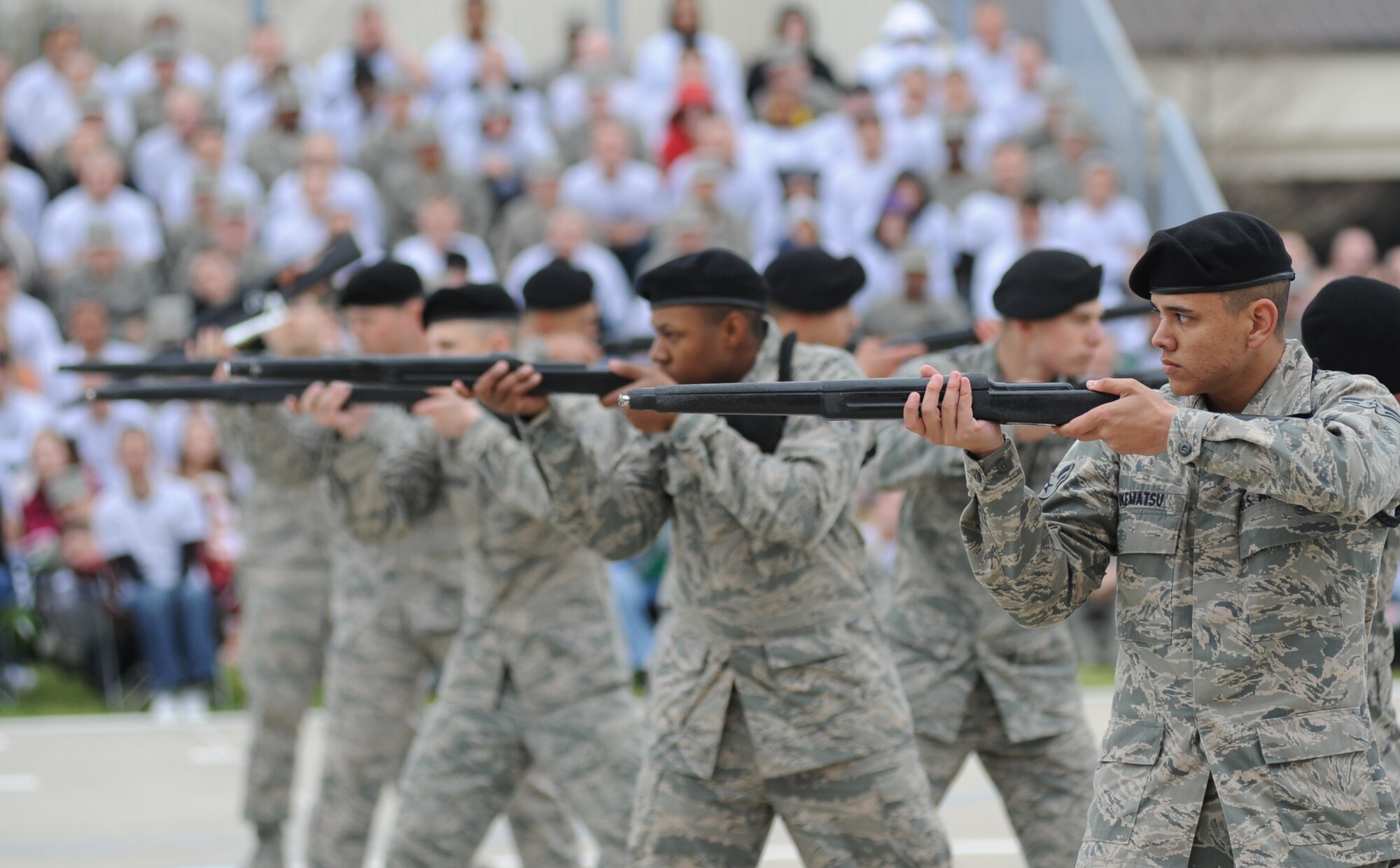 The 338th Training Squadron won first place overall in the drill down competition Feb. 17, 2012, Keesler Air Force Base, Miss.  The Dark Knights also won first place in the open ranks and regulation drill competition and they won third place in the freestyle competition.  (U.S. Air Force photo by Kemberly Groue)