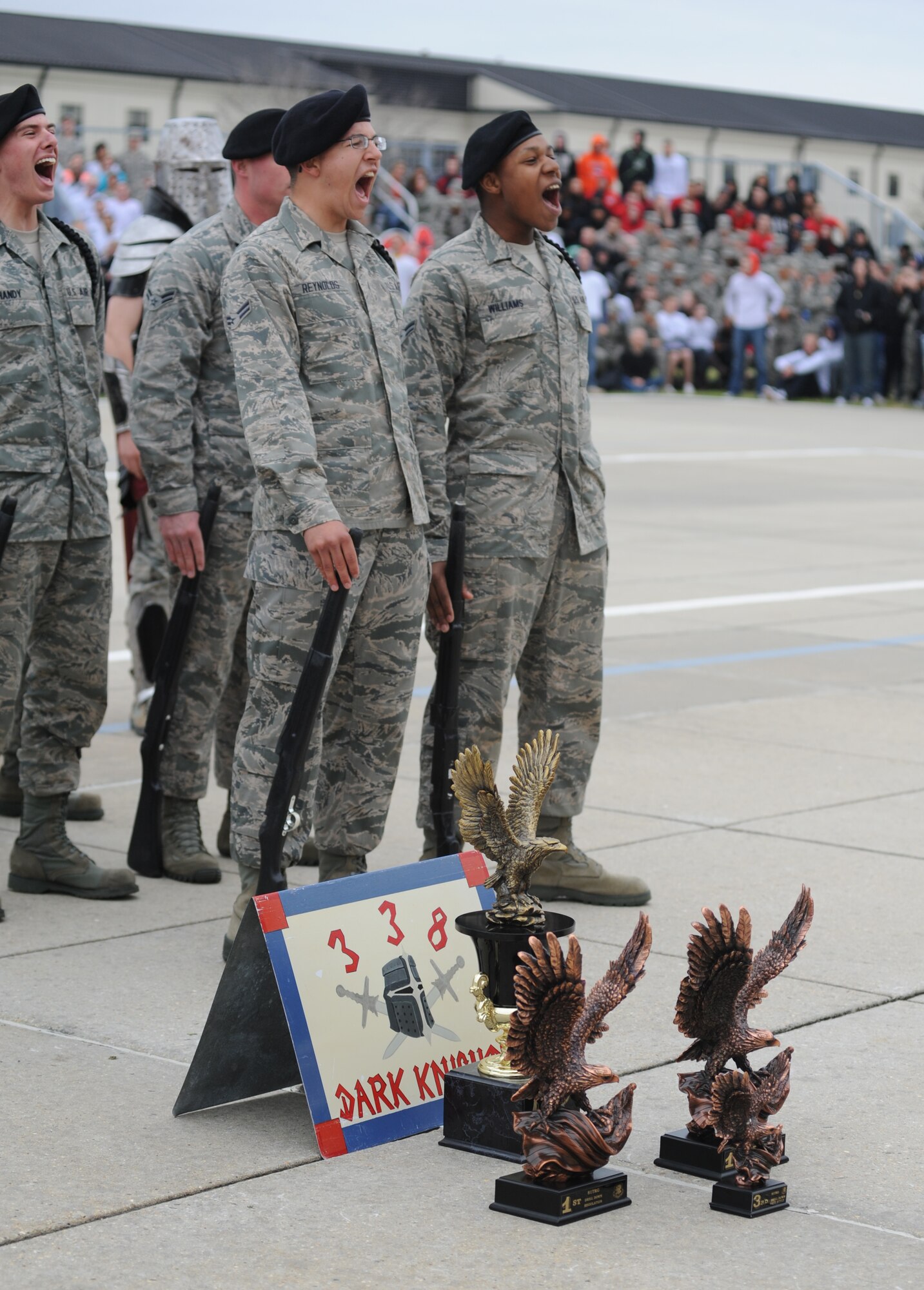 The 338th Training Squadron won first place overall in the drill down competition Feb. 17, 2012, Keesler Air Force Base, Miss.  The Dark Knights also won first place in the open ranks and regulation drill competition and they won third place in the freestyle competition.  (U.S. Air Force photo by Kemberly Groue)
