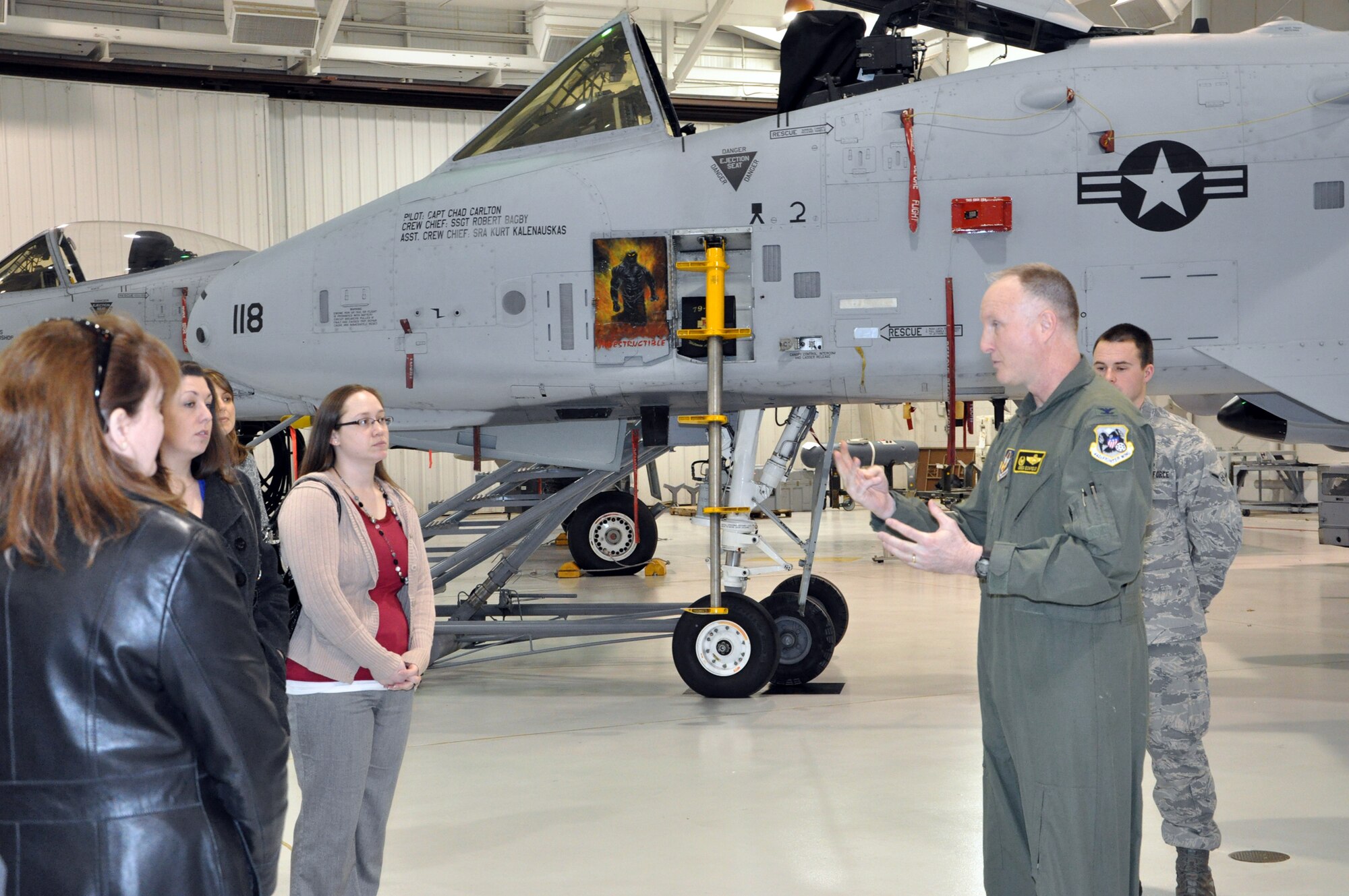 University of Central Missouri, Warrensburg, Mo., faculty members toured the 442nd Fighter Wing at Whiteman Air Force Base, Mo. Feb. 17, 2012. Col. Gregory Eckfeld, pictured right, 442nd Fighter Wing vice commander, briefed the group. The 442nd Fighter Wing is an A-10 Thunderbolt II Air Force Reserve unit at Whiteman AFB, Mo. (U.S. Air Force photo/Senior Airman Wesley Wright)