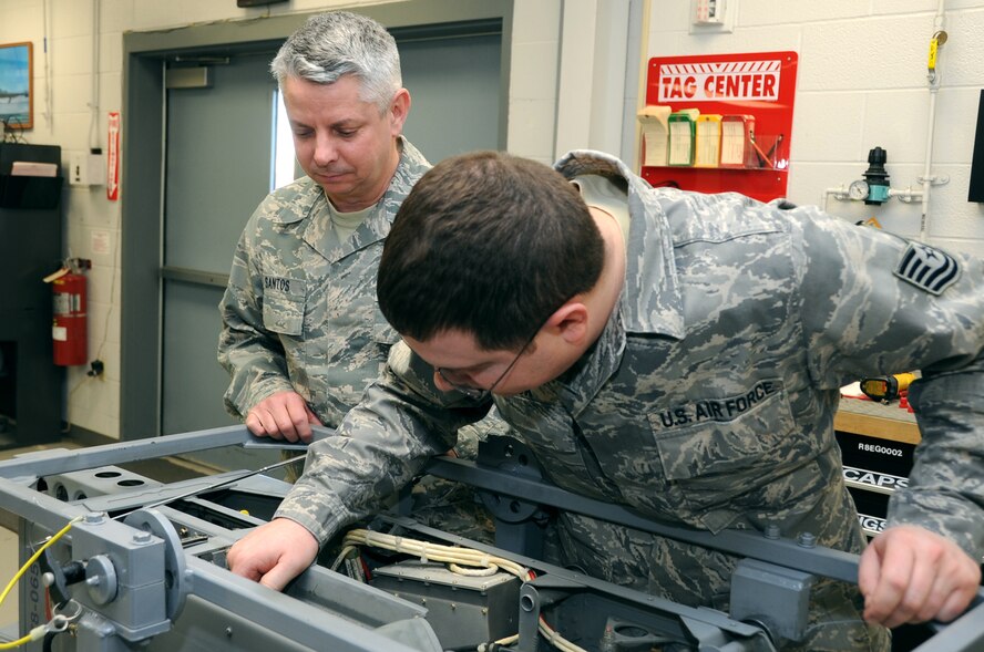 Senior Master Sgt. Roy Santos (left), 442nd Maintenance Squadron Accessory Flight chief, was the recipient of the Lt. Gen. Leo Marquez award for aircraft maintenance supervisor of the year for 2011. The Marquez award recognizes both military and civilian personnel who manage, or directly provide, maintenance for aircraft, munitions or missiles. Santos was nominated by Capt. Robert Mehan, 442nd Aircraft Maintenance Squadron commander. Capt. James Chevalier, 442nd Maintenance Squadron operations officer, was the recipient of the Marquez award for company grade manager of 2011. Tech. Sgt. Paul Hanson, 442nd Aircraft Maintenance Squadron avionics technician, received the Marquez award for technical supervisor of 2011. Chevalier and Hanson are deployed in support of overseas operations. The 442nd Fighter Wing is an A-10 Thunderbolt II Air Force Reserve unit at Whiteman Air Force Base, Mo. (U.S. Air Force photo/Staff Sgt. Lauren Padden)