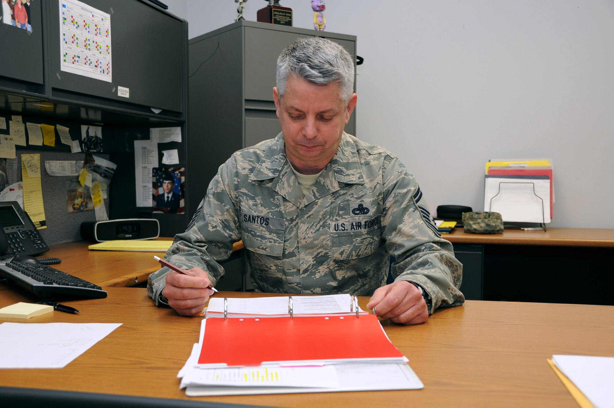 Senior Master Sgt. Roy Santos, 442nd Maintenance Squadron Accessory Flight chief, was the recipient of the Lt. Gen. Leo Marquez award for aircraft maintenance supervisor of the year for 2011. The Marquez award recognizes both military and civilian personnel who manage, or directly provide, maintenance for aircraft, munitions or missiles. Santos was nominated by Capt. Robert Mehan, 442nd Aircraft Maintenance Squadron commander. Capt. James Chevalier, 442nd Maintenance Squadron operations officer, was the recipient of the Marquez award for company grade manager of 2011. Tech. Sgt. Paul Hanson, 442nd Aircraft Maintenance Squadron avionics technician, received the Marquez award for technical supervisor of 2011. Chevalier and Hanson are deployed in support of overseas operations. The 442nd Fighter Wing is an A-10 Thunderbolt II Air Force Reserve unit at Whiteman Air Force Base, Mo. (U.S. Air Force photo/Staff Sgt. Lauren Padden)
