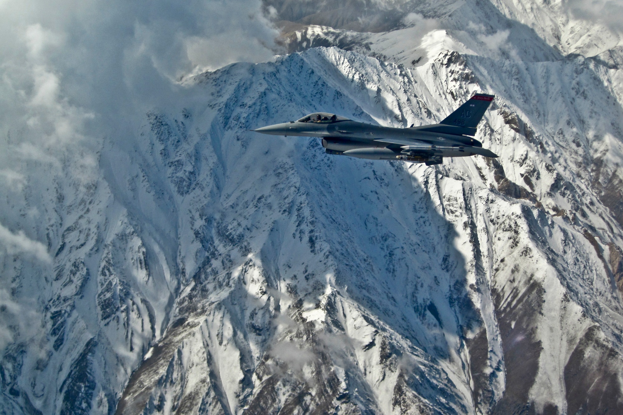 An F-16C Fighting Falcon with the 177th Fighter Wing, New Jersey Air National Guard, on a mission in Afghanistan on Oct. 23, 2011. (U.S. Air Force photo)