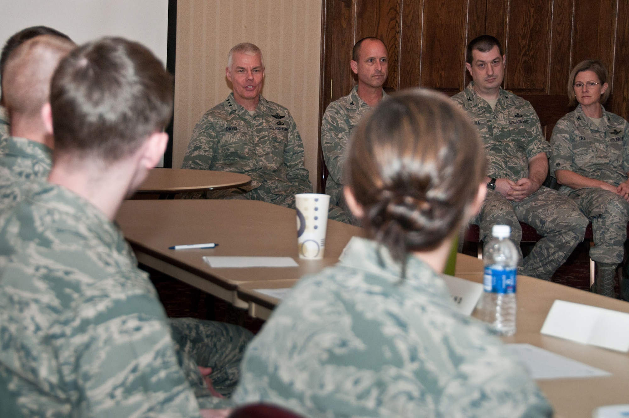 HANSCOM AIR FORCE BASE, Mass. – Lt. Gen. CR Davis (middle), Electronic Systems Center commander, along with other base senior leaders, speak to first term lieutenants during the Senior Leader Panel at the Minuteman Commons Feb. 3. The panel was one of many sessions offered to the young officers as part of the Lieutenant Professional Development Program. (U.S. Air Force photo by Rick Berry)