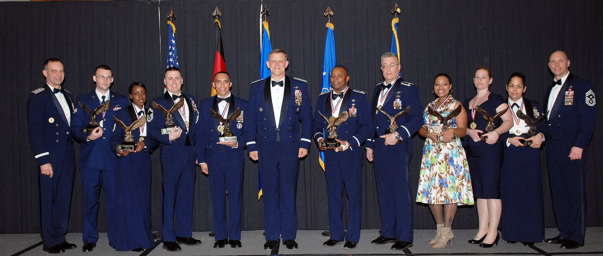 Third Air Force recently selected their annual award winners for 2011.  From left to right are: Maj. Gen. Mark R. Zamzow, 3rd Air Force Vice Commander; SrA Friedrich Martin, Airman of the Year; MSgt Sheilah Lucas, NCO of the Year; SMSgt David Oddo, SNCO of the Year; SMSgt Manny Piñeiro, 1st Sgt of the Year; Lt. Gen. Frank Gorenc, 3rd Air Force Commander; Maj James Satchell, Company Grade Officer of the Year;  Maj Michael Connor, Field Grade Officer of the Year; Ms. Jesica Arnold, Civilian Category  I of the Year; Ms. Tara Gambrell, Civilian Category II  of the Year; TSgt Sophia Suber, Volunteer  of the Year; and Chief Master Sgt. Craig Adams, Command Chief Master Sergeant, 3rd Air Force.  The awards honor those members of Third Air force that have distinguished themselves through superior service during the past year.  U.S. Air Force photo by Chief Master Sgt. David W. Richards.