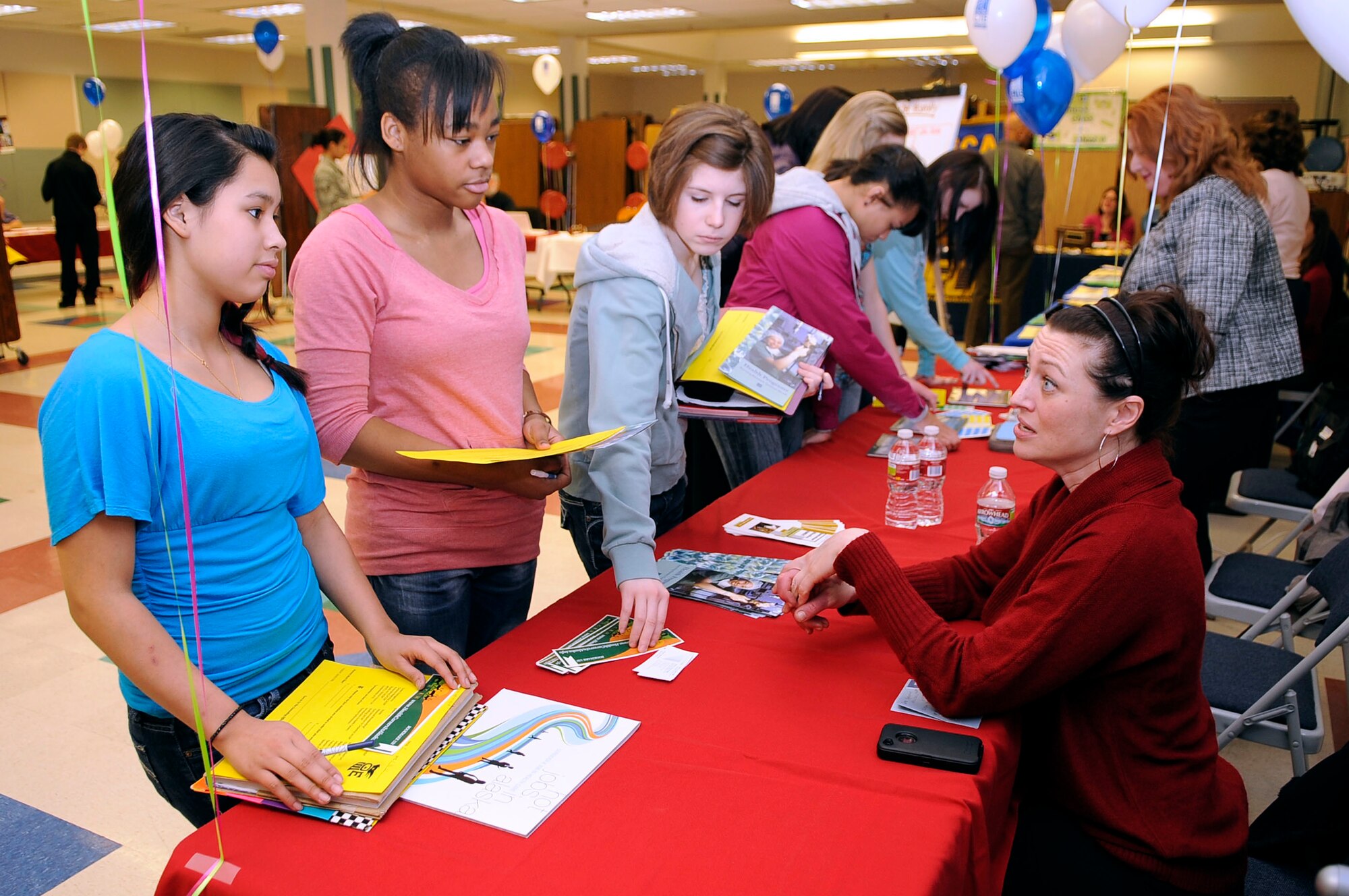 Megan Gooding, Interior Alaska Area Health Education Center education specialist, speaks to students during career day at Ben Eielson High School, Feb. 16, 2012, Eielson Air Force Base, Alaska. The career day gives students from 8th through 11th grade an idea of available careers paths and opportunities before they select elective classes for upcoming years. Available classes may include career investigations, ceramics, physical education, carpentry, and studio arts. (U.S. Air Force photo/Staff Sgt. Jim Araos)