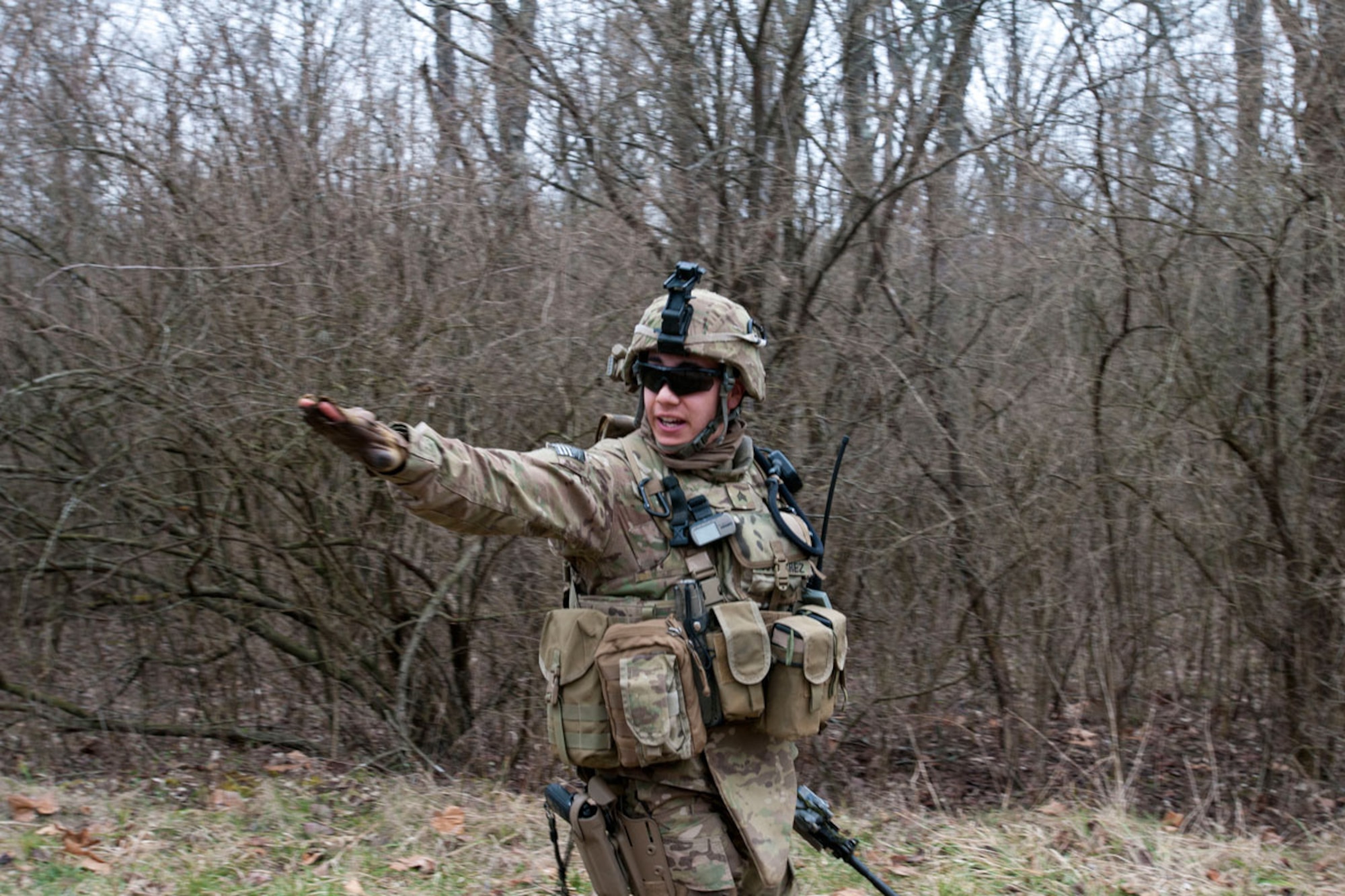 Wasilla resident Sgt. Elijah Gutierrez, B/1-143rd Inf., Zabul Provincial Reconstruction Team Security Forces, directs his security forces team during a training mission Feb. 15 at Camp Atterbury. (U.S. Army photo/Staff Sgt. Karima Turner)
