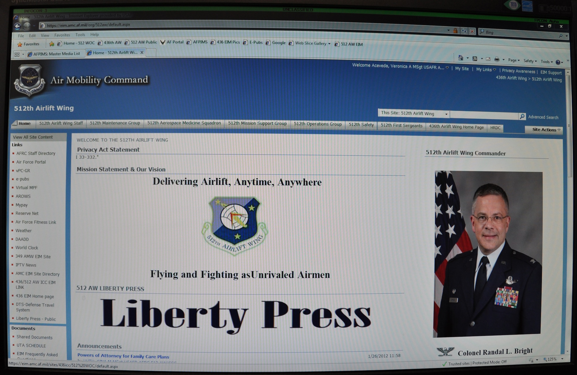 Pictured is a screen shot of the 512th Airlift Wing's Enterprise Information Management home page. The 512th AW has been using the information sharing tool with unlimited space for about three years. (U.S. Air Force photo/Master Sgt. Veronica Aceveda)