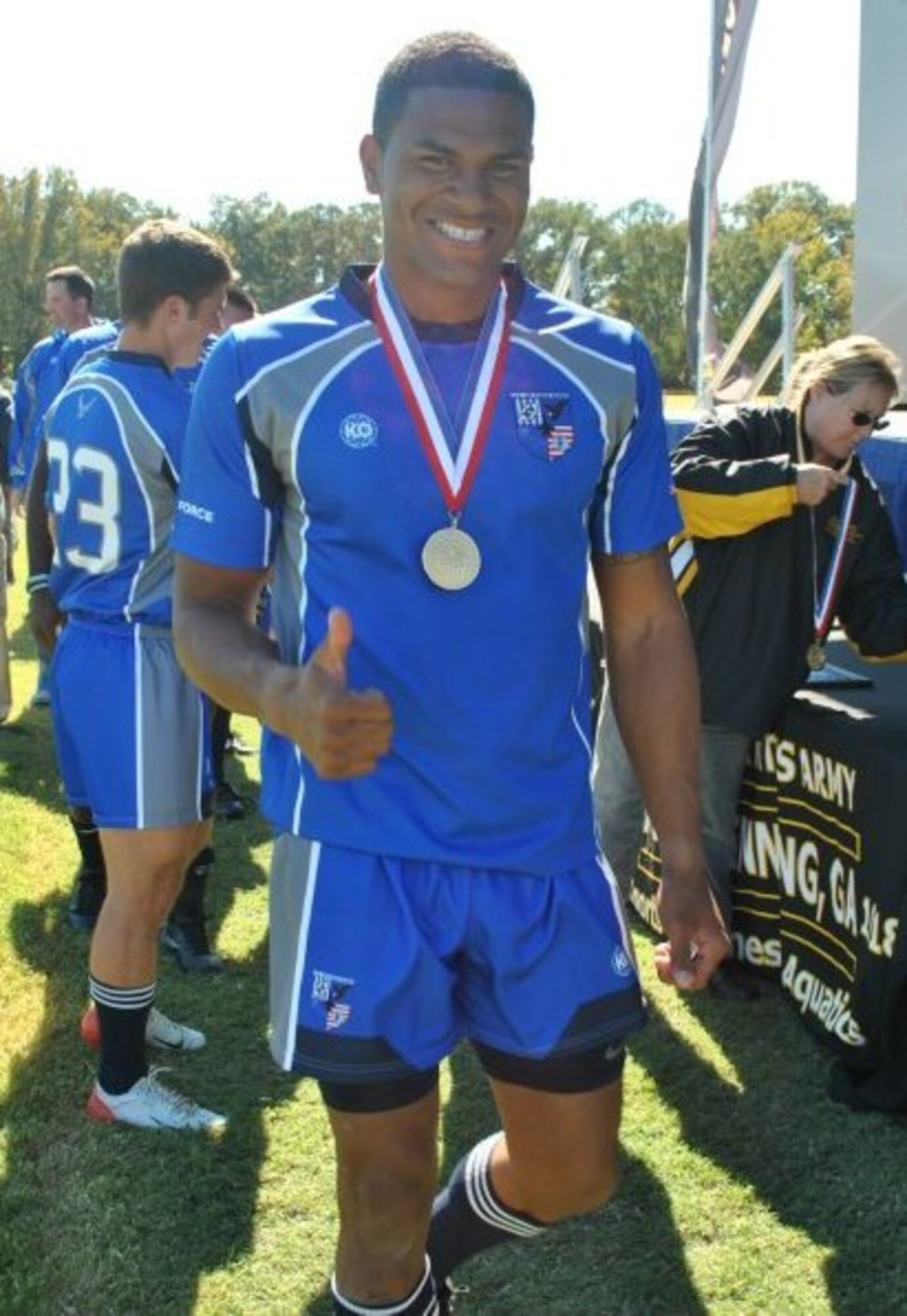 Senior Airman Marcus Satavu, 325th Air Control Squadron pilot simulator, earned a gold medal for the Air Force’s win during the 2011 Armed Forces Championship game. (U.S. Air Force courtesy photo)