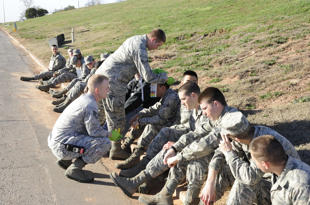 Airmen are treated for mock injuries during a base Major Accident Response Exercise at Sheppard Air Force Base, Texas on Feb. 23, 2012.  The exercise was conducted in preparation for the base's upcoming AETC Compliance Inspection. (U.S. Air Force photo/Frank Carter)
