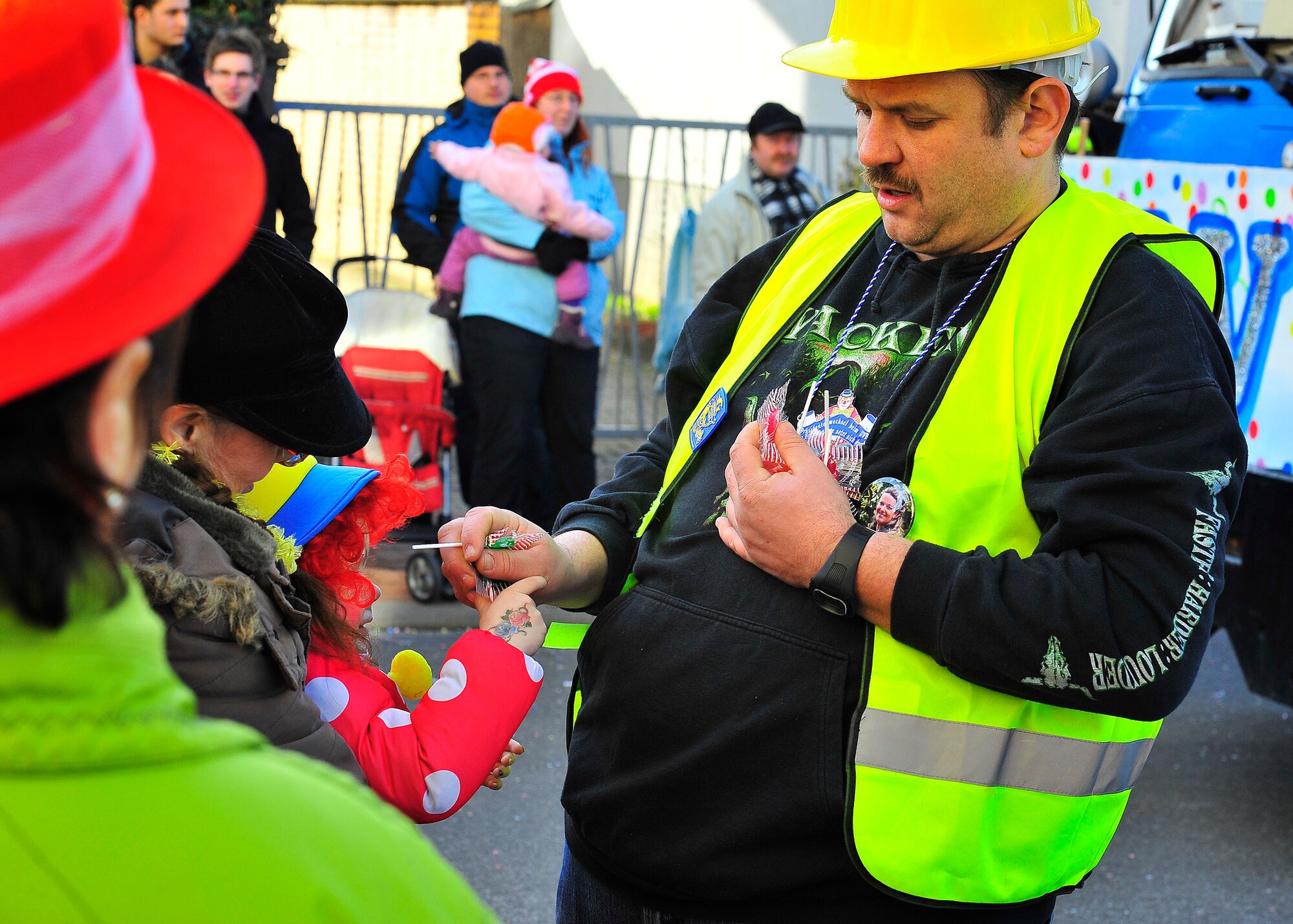 KMC and Ramstein Villiage neighbors enjoyed the annual celebration of Fasching parade, Ramstein Village, Germany, Feb. 21, 2012. This annual event is a pre-Lenten carnival, which is celebrated with the donning of wild and fancy costumes to chase away the evil spirits of winter in preparation for spring. (U.S. Air Force Photo By/ Staff Sgt. Daylena Gonzalez)