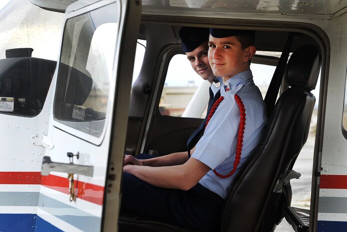Cadet Chief Master Sgt. Tyler Hoover and Cadet Chief Master Sgt. Alexander Durr sit inside a Cessna 172  at the Coastal Charleston Composite Squadron on Joint Base Charleston - Air Base Feb. 6. The Civil Air Patrol has one of the largest fleets of single-engine aircraft in the world, with more than 550 aircraft nationwide. Durr and Hoover have been members of the CAP since 2010. (U.S. Air Force photo/Airman 1st Class Ashlee Galloway)