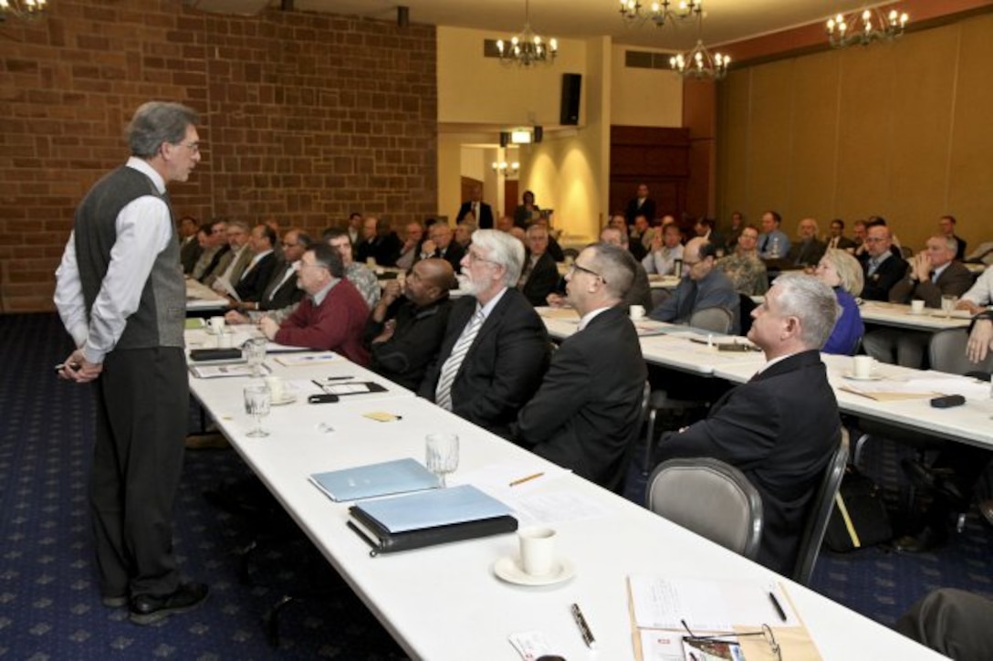 WIESBADEN, Germany — Philip Cohen, U.S. Army Corps of Engineers Europe District planning section chief, facilitates the discussion on Net Zero during the district's second annual Customer Partnering Workshop at the Community Activity Center on the Wiesbaden Army Airfield, Jan. 25, 2012.