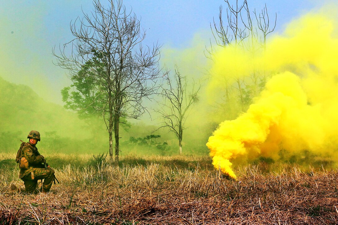 A U.S. Marine provides security as yellow smoke is used to signal to supporting forces during a combined arms live-fire exercise in support of exercise Cobra Gold 2012 in Muang Kom, Thailand, Feb. 15, 2012.