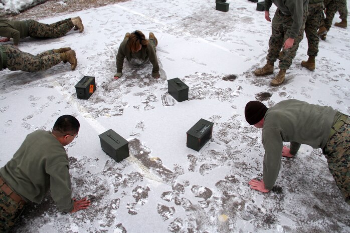 Marines with Recruiting Substation Duluth perform burpees in the snow during a Recruiting Station Twin Cities all hands physical training session Feb. 24. For additional imagery from the event, visit www.facebook.com/rstwincities.