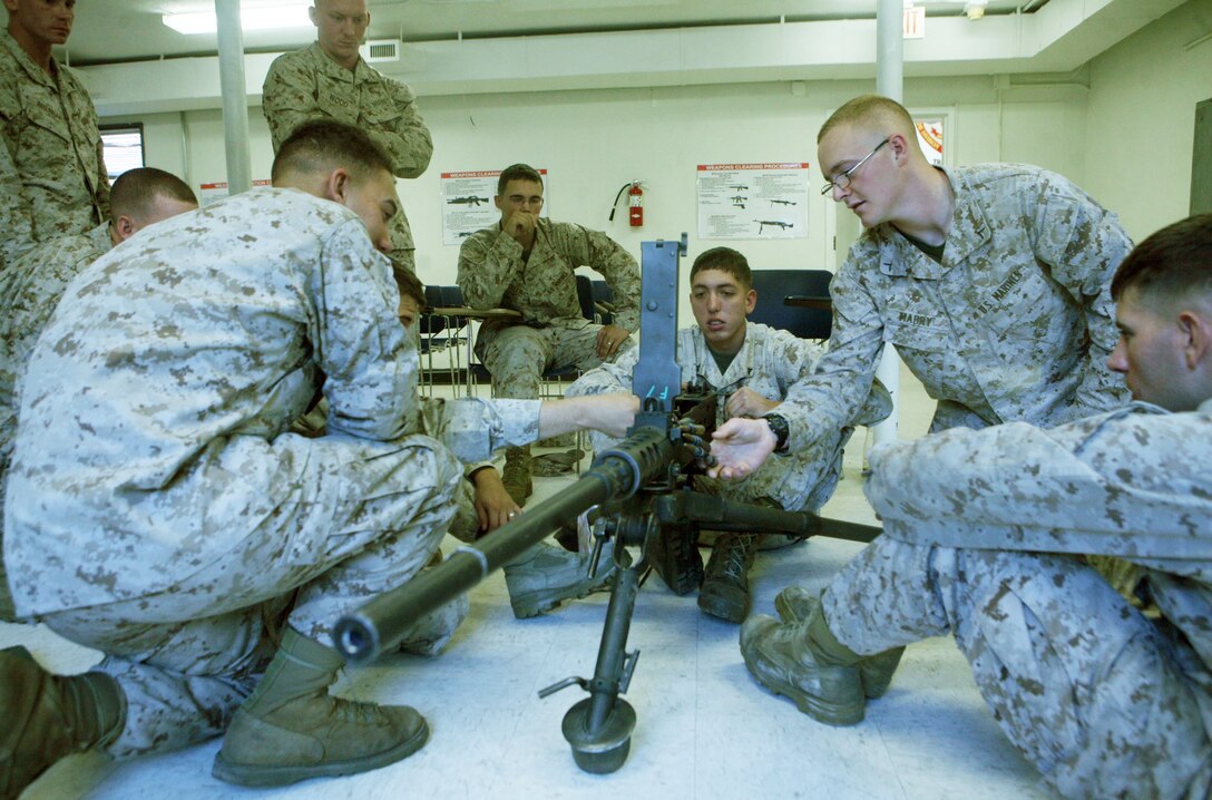 Marines with Combat Logistics Battalion 2, Combat Logistics Regiment 2, 2nd Marine Logistics Group, and 2nd Battalion, 10th Marine Regiment, 2nd Marine Division, work together to assemble a .50 Caliber Machine Gun during a gunner’s course at the Division Training Center aboard Camp Lejeune, N.C., Oct. 26, 2011. Marines with Combat Logistics Battalion 2, Combat Logistics Regiment 2, 2nd Marine Logistics Group, and 2/10 received the training as a part of pre-deployment training for their upcoming tour in support of International Security Assistance Forces in Helmand province, Afghanistan, next year. (U.S. Marine Corps photo by Pfc. Franklin E. Mercado)