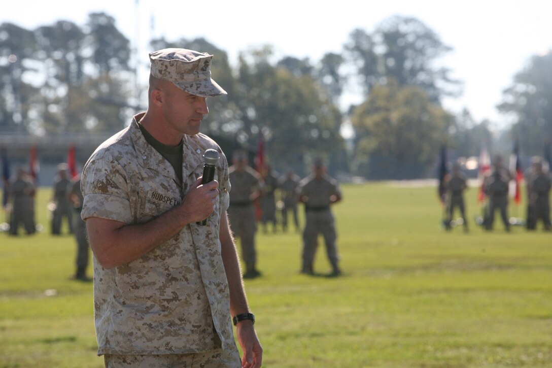 Lt. Col. David Hudspeth, former commanding officer for 3rd Battalion 9th Marine Regiment, 2nd Marine Division, speaks to the audience attending the change of command ceremony, Oct. 21. During the ceremony, 3/9 bid farewell to Hudspeth and welcomed Lt. Col. Carl Cooper.