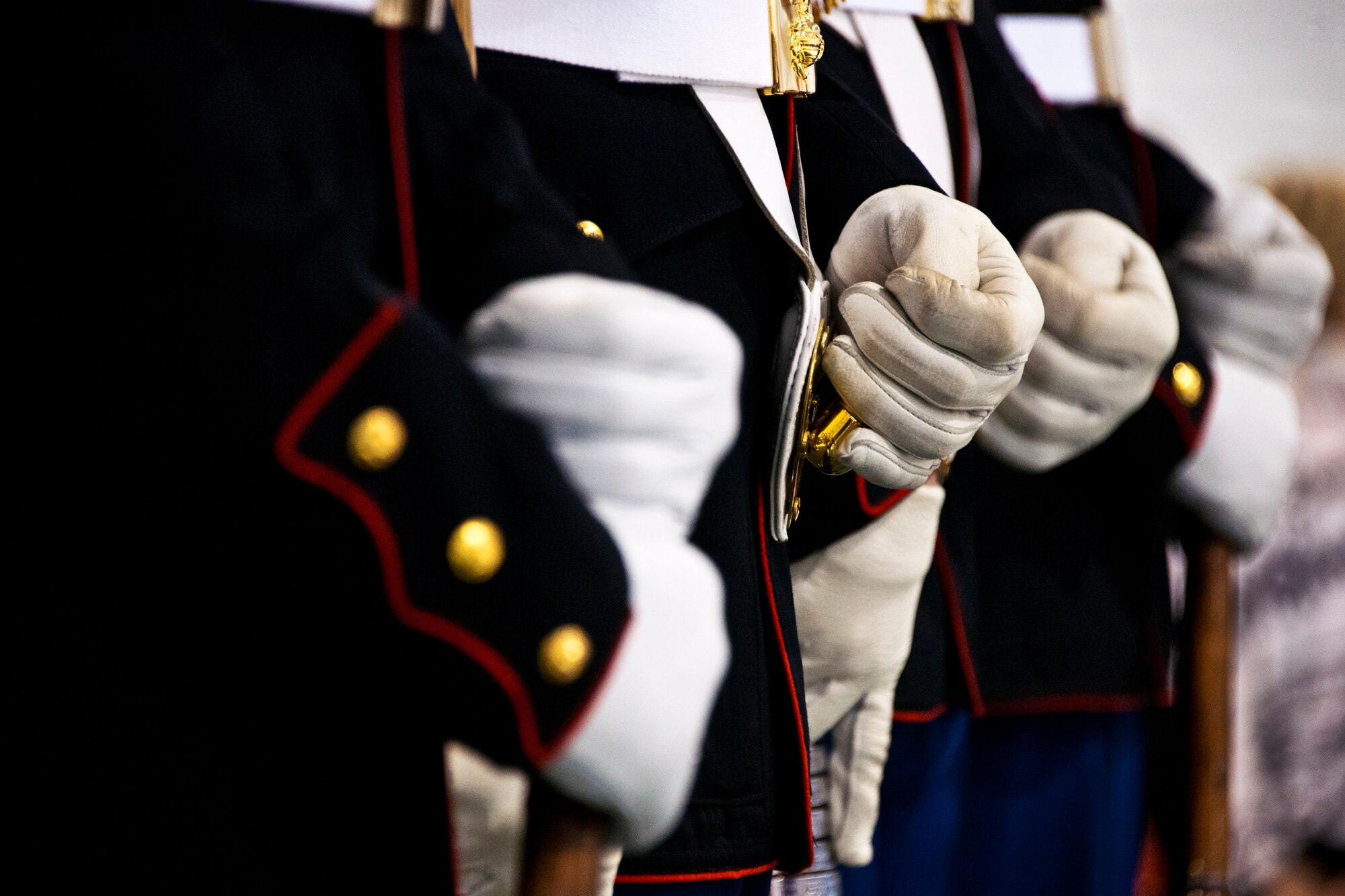 Marine Corp color guard members stand together after the USMC F-35B Lightning II roll out ceremony Feb. 24 at Eglin Air Force Base, Fla.  (U.S. Air Force photo/Samuel King Jr.)