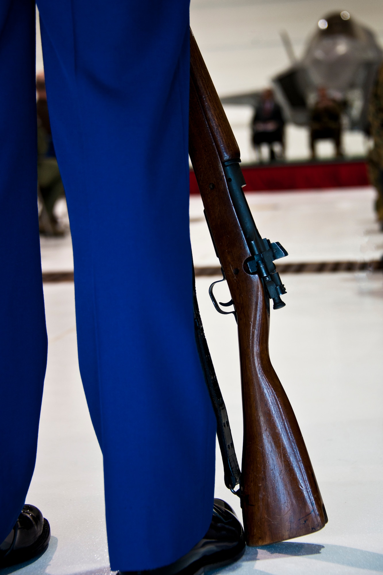 Marine Corp color guard member stands by during the USMC F-35B Lightning II roll out ceremony Feb. 24 at Eglin Air Force Base, Fla.  (U.S. Air Force photo/Samuel King Jr.)