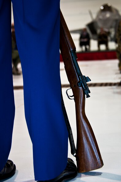 Marine Corp color guard member stands by during the USMC F-35B Lightning II roll out ceremony Feb. 24 at Eglin Air Force Base, Fla.  (U.S. Air Force photo/Samuel King Jr.)