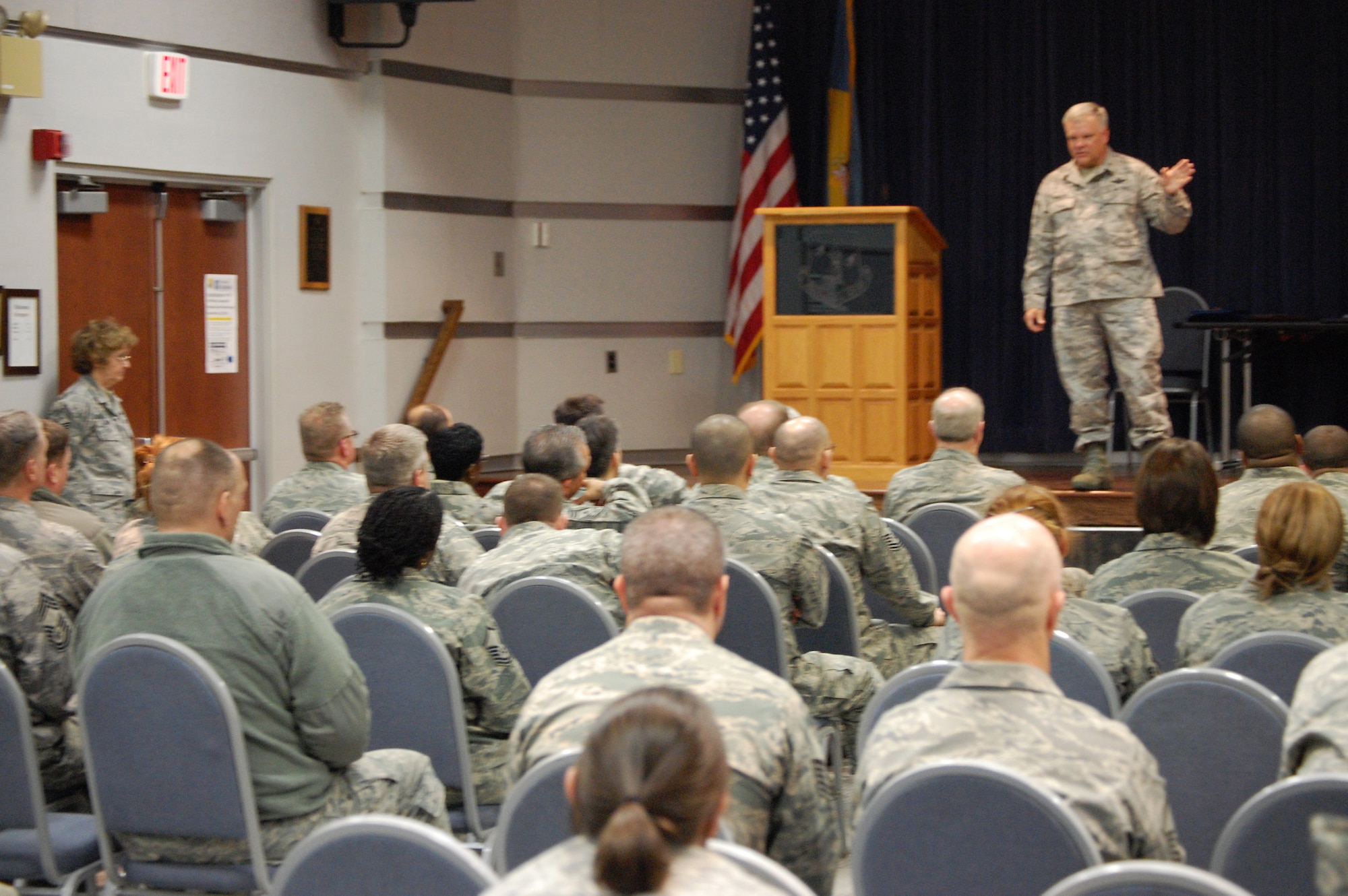 Brigadier Gen. Bruce Thompson, Director of Joint Staff, Joint Force Headquarters, Delaware National Guard, on Feb. 4, 2012 at one of three Airman's Calls held for the 1,000-person Del. Air Guard force on what is known and unknown about proposed Air Force budget cutbacks and aircraft changes. (U.S. Air Force photo/Tech. Sgt. Benjamin Matwey)