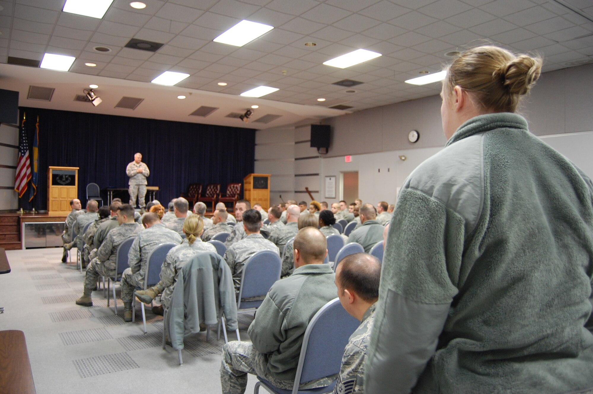 Brigadier Gen. Bruce Thompson, Director of Joint Staff, Joint Force Headquarters, Delaware National Guard, listens to a question from an Airman on Feb. 4, 2012 at one of three Airman's Calls held for the 1,000-person Del. Air Guard force on what is known and unknown about proposed Air Force budget cutbacks and aircraft changes. (U.S. Air Force photo/Tech. Sgt. Benjamin Matwey)