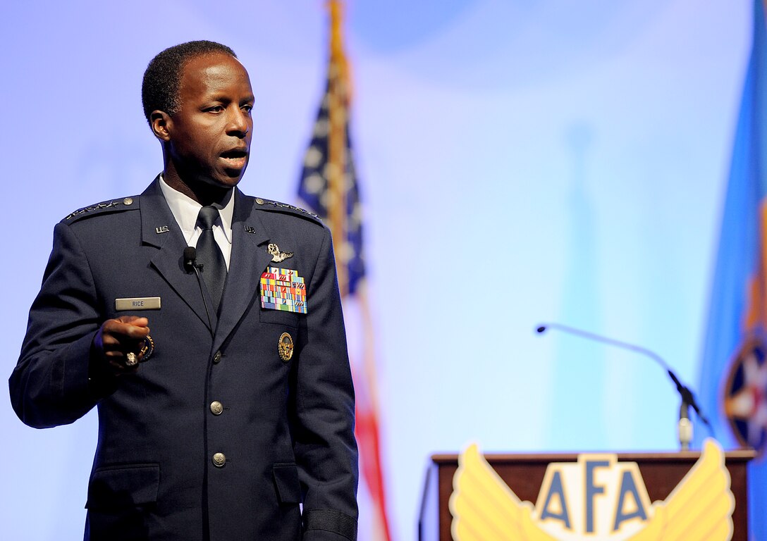 Gen. Edward A. Rice Jr., commander of Air Education and Training Command, addresses Airmen and defense industry professionals about the future of Air Force learning at the Air Force Association's 2012 Air Warfare Symposium in Orlando, Fla., Feb. 23. (U.S. Air Force photo/Scott Ash)