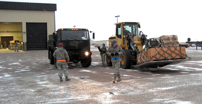 Members of the 819th RED HORSE Squadron get equipment ready for participation in the Grizzly Warrior exercise earlier this year. (U.S. Air Force courtesy photo)