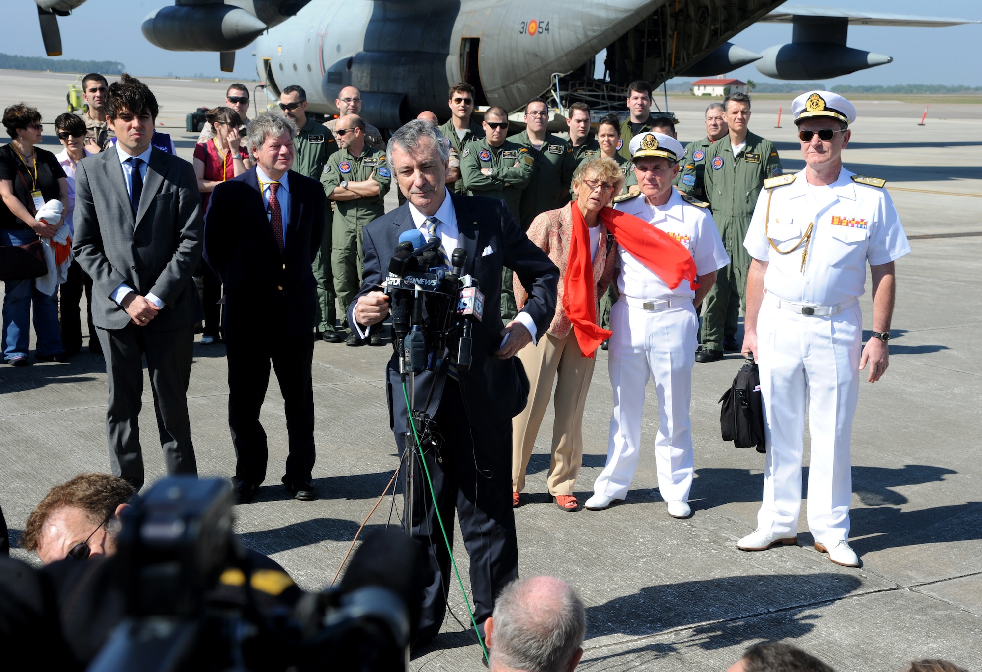 Jorge Dezcallar de Mazar, Spanish Ambassador to the United States, holds a press conference in reference to Spanish coins being transferred to the Spanish government, Feb. 24, 2012, on MacDill Air Force Base, Fla. The coins, which were lost at sea in the 19th century, were palletized and shipped back to Spain on two Spanish C-130 aircraft. (U. S. Air Force photo by Airman Basic David Tracy)