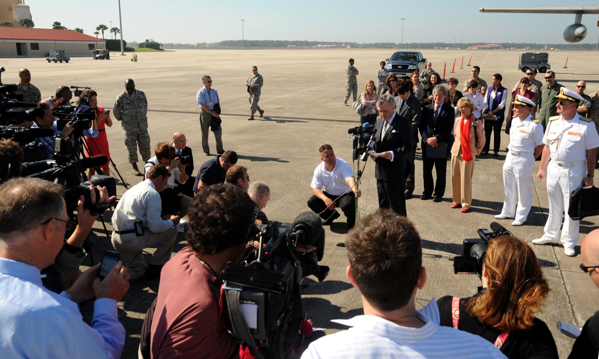 Jorge Dezcallar de Mazar, Spanish Ambassador to the United States, holds a press conference in reference to Spanish coins being transferred to the Spanish government, Feb. 24, 2012, on MacDill Air Force Base, Fla. The coins, which were lost at sea in the 19th century, were palletized and shipped back to Spain on two Spanish C-130 aircraft. (U. S. Air Force photo by Airman Basic David Tracy)