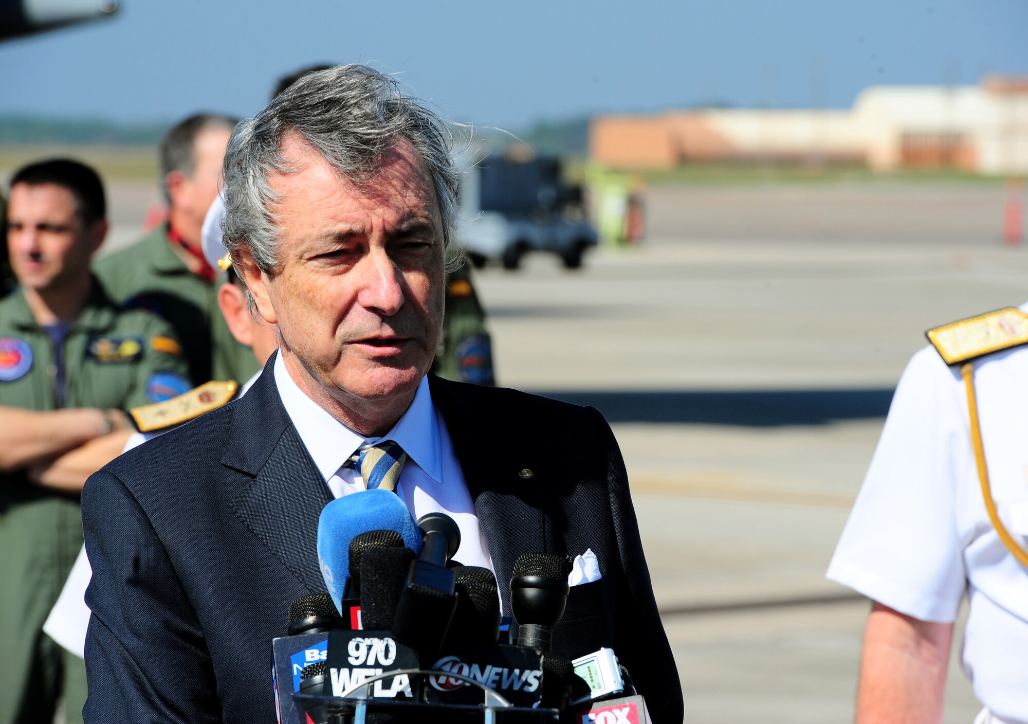 Jorge Dezcallar de Mazar, Spanish Ambassador to the United States, holds a press conference in reference to Spanish coins being transferred to the Spanish government, Feb. 24, 2012, on MacDill Air Force Base, Fla. The coins, which were lost at sea in the 19th century, were palletized and shipped back to Spain on two Spanish C-130 aircraft. (U. S. Air Force photo by Airman Basic David Tracy)