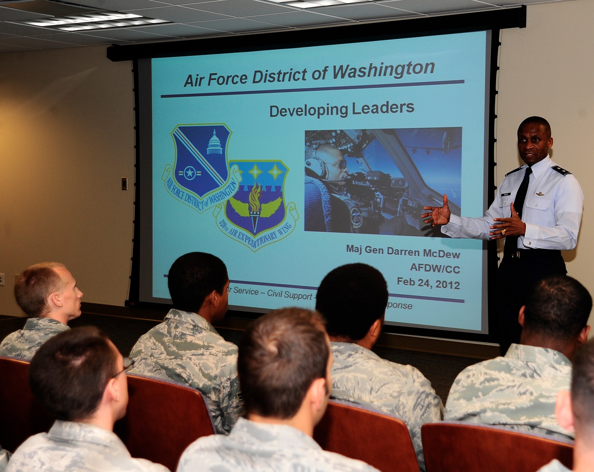 Maj Gen. Darren McDew, Air Force District of Washington commander, addresses Airmen during an enlisted call at MacDill Air Force Base, Fla., Feb. 24, 2012. McDew spoke about developing leadership and answered questions that audience members had. (U.S. Air Force photo by Senior Airman Melissa V. Paradise)