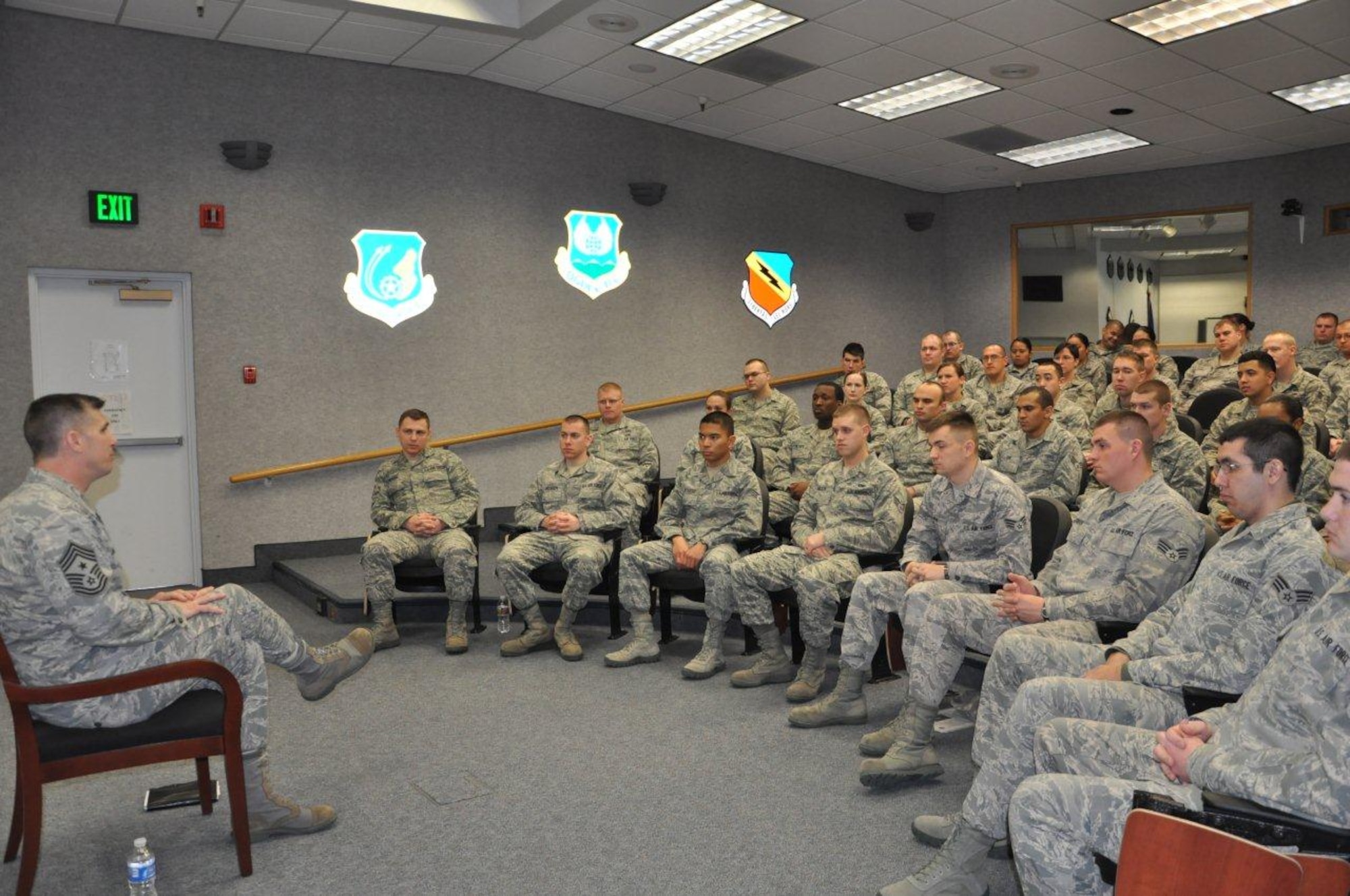 Chief Master Sgt. Eric Jaren, AFMC command chief, visits with the Airman Leadership School students Feb. 17. He spoke with them about the Year of Continuing Education and its importance as well as answered questions. (U.S. Air Force photo by Senior Airman Melissa Dearstone)
