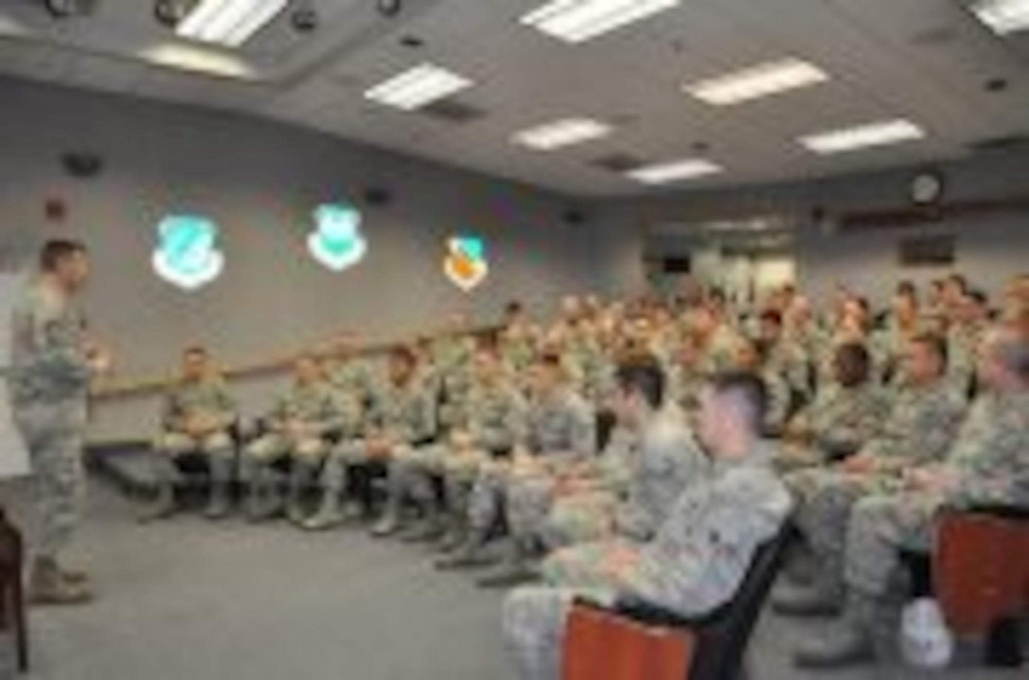 Chief Master Sgt. Eric Jaren, AFMC command chief, visits with the Airman Leadership School students Feb. 17. He spoke with them about the Year of Continuing Education and its importance as well as answered questions. (U.S. Air Force photo by Senior Airman Melissa Dearstone)