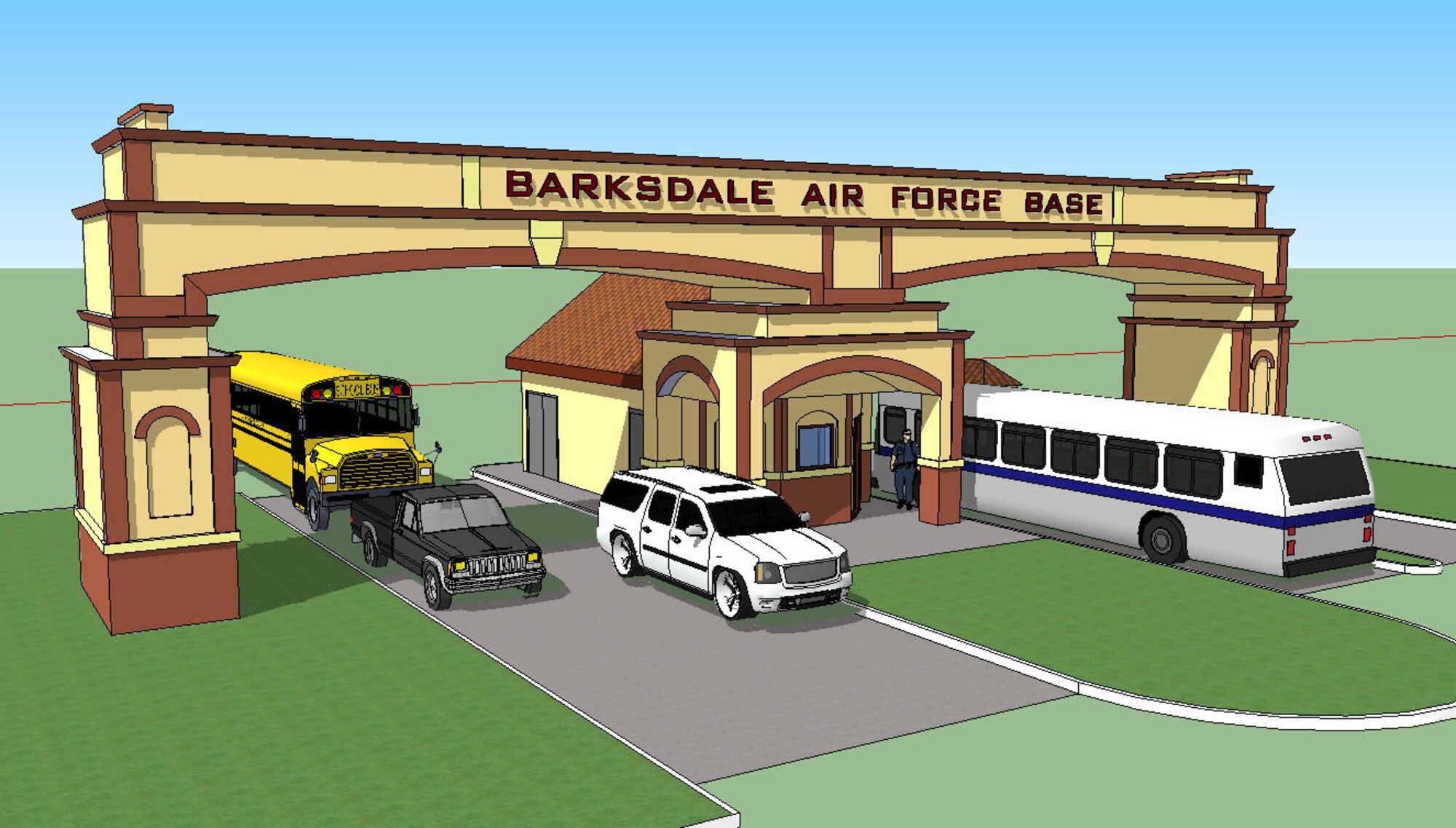A SketchUp design shows a 3-dimensional image of the West Gate canopy. Construction for the new canopy will begin in the spring and once complete will provide protection from the weather elements for Barksdale security forces personnel. (Courtesy Illustration)