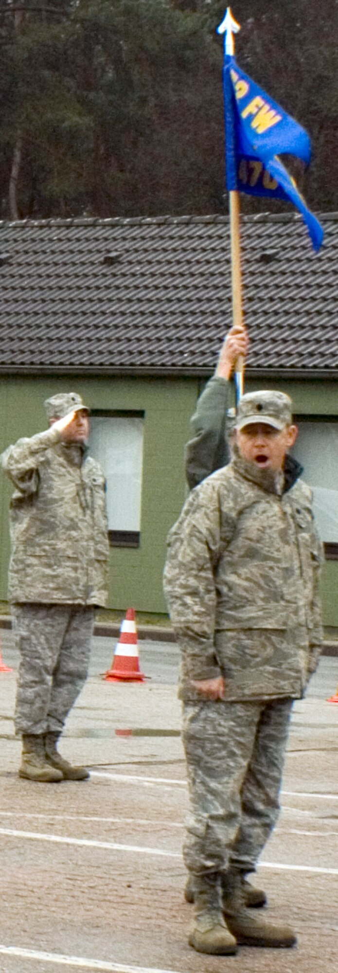 GEILENKIRCHEN NATO AIR BASE, Germany – U.S. Air Force Lt. Col. Kevin Virts, 470th Air Base Squadron commander, issues a preparatory command here Feb. 17 during a retreat ceremony in recognition of Presidents Day. (U.S. Air Force photo by Staff Sgt. Andrew Caber/Released)