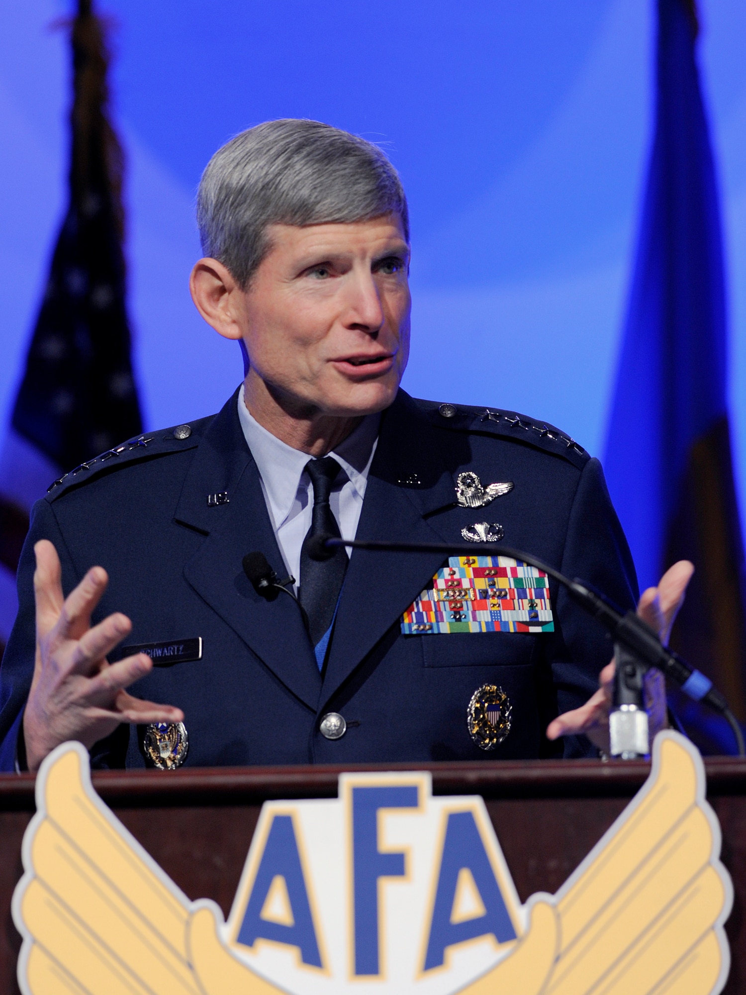 Air Force Chief of Staff Gen. Norton Schwartz addresses attendees Feb. 23, 2012, during the Air Force Association's 2012 Air Warfare Symposium and Technology Exposition in Orlando, Fla. He told the audience the Air Force will maintain its readiness despite the austere fiscal environment. (U.S. Air Force photo/Scott M. Ash)  