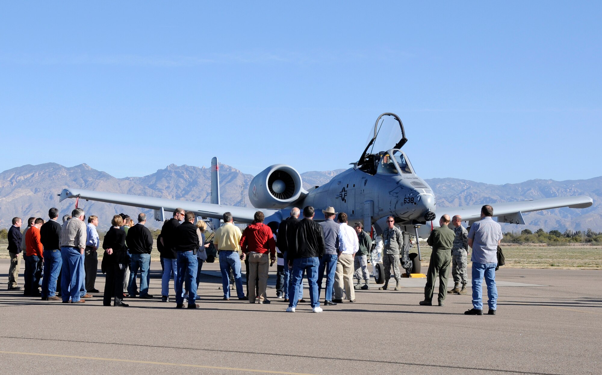 More than 40 local employers visited the Arkansas Air National Guard’s 188th Fighter Wing at Davis-Monthan Air Force Base, Ariz., Feb. 22-23 to watch the Flying Razorbacks and their A-10C Thunderbolt II “Warthogs” participate in Operation Snowbird, a combat rehearsal for the unit’s deployment to Afghanistan this summer in support of Operation Enduring Freedom. The event was part of an Employer Support for the Guard and Reserve (ESGR) trip. The objective was to give employers a better understanding of how vital the Guardsmen they employ are to the mission and how they each play a key role in the unit’s success. (National Guard photo by Airman 1st Class Hannah Landeros/188th Fighter Wing Public Affairs)