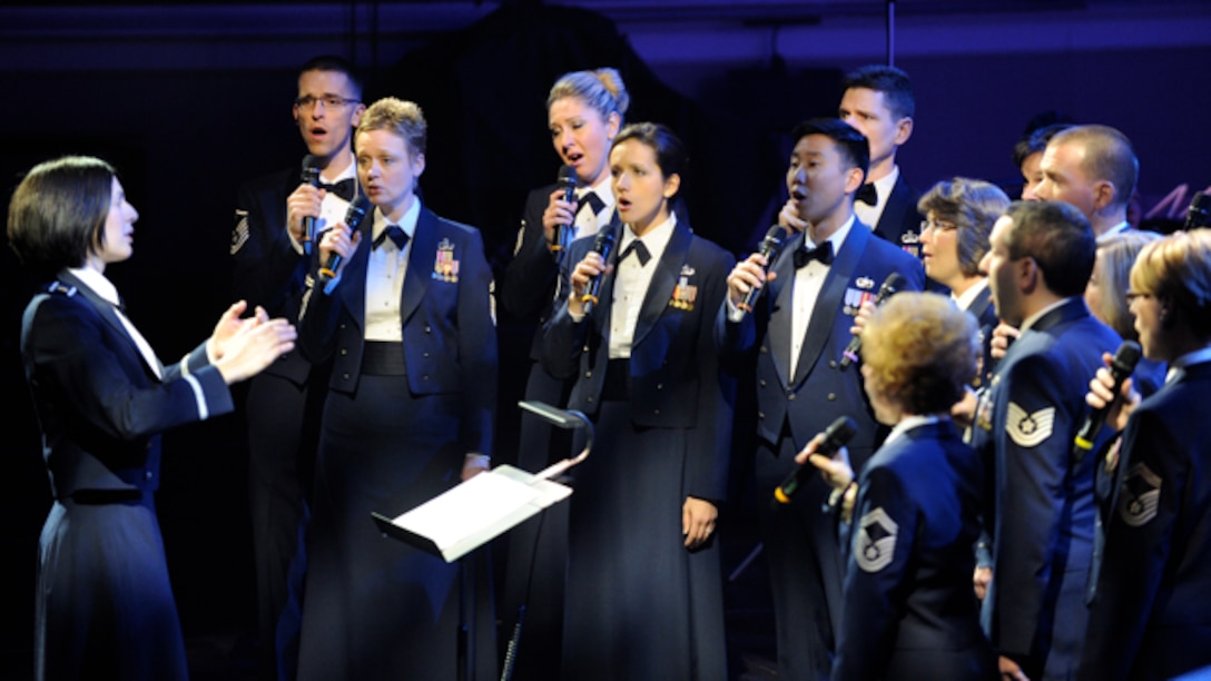 The United States Air Force Band Singing Sergeants perform a song during the 47th Annual Guest Artist Series at the Daughters of the American Revolution Constitution Hall in Washington, D.C. on Feb. 26. The Guest Artist Series featured contemporary jazz pianists Keiko Matsui and Colonel George S. Howard Young Artist competition winner, Tubist and high school senior Evan Zegiel. (U.S. Air Force photo/ Staff Sgt. Nichelle Anderson)