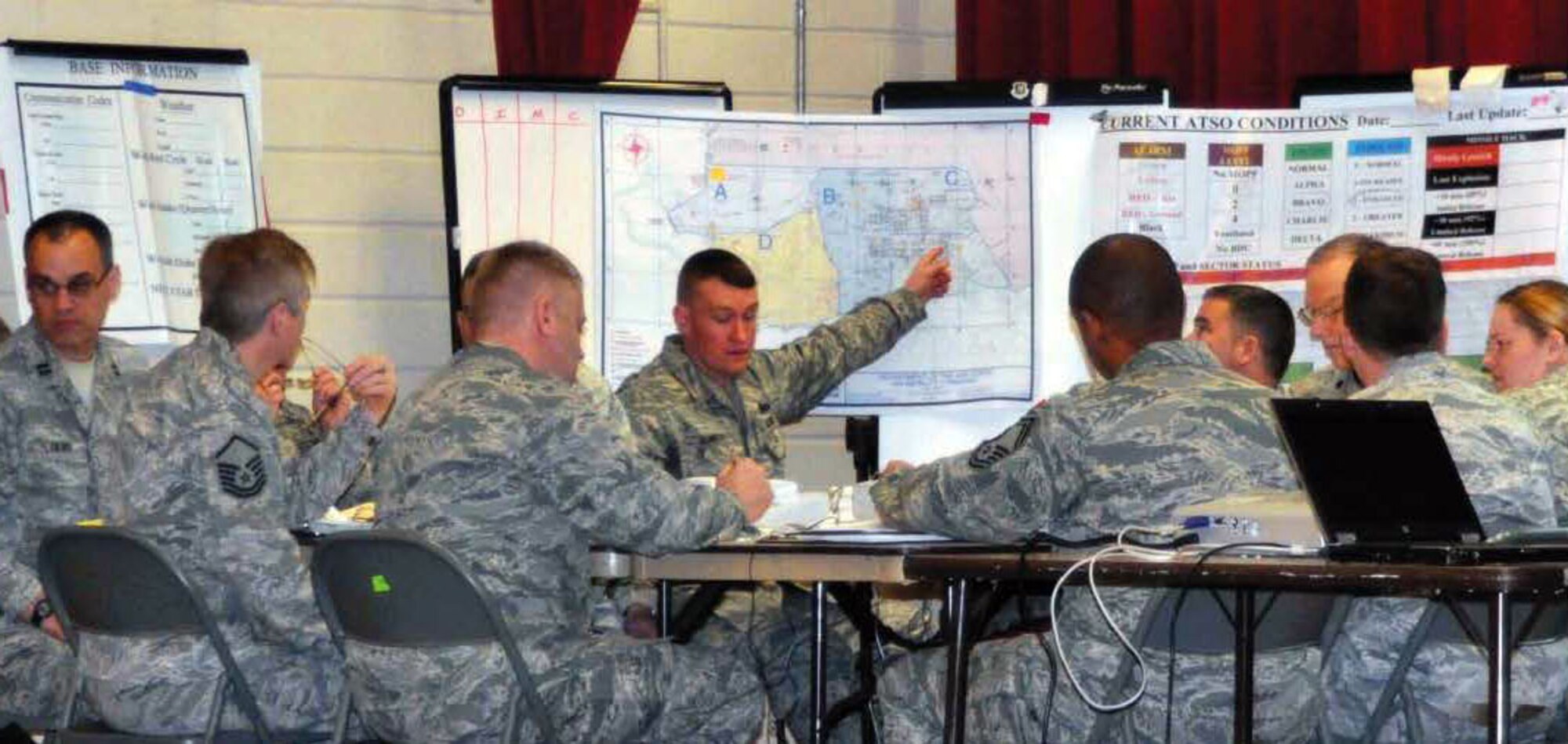 Operational Readiness Inspection key staff members from the 445 Airlift Wing, Wright-Patterson Air Force Base, Ohio, work recovery issues after their base was attacked during a simulation in the Cultural Resource Center on Sunday morning, Jan. 9. That same afternoon, the 452 Air Mobility Wing key staff members took their turn at the tabletop exercise. An overall inspection planning and organization briefing was given to both groups on Saturday morning followed by several core-skill, hands-on classes, such as M-16 weapons training and Self Aid and Buddy Care. Other staff members attended the shelter and Post-Attack Reconnaissance training. Both wings are preparing for a major joint inspection in January 2013. (U.S. Air Force photo by Staff Sgt. Kevin Chandler)