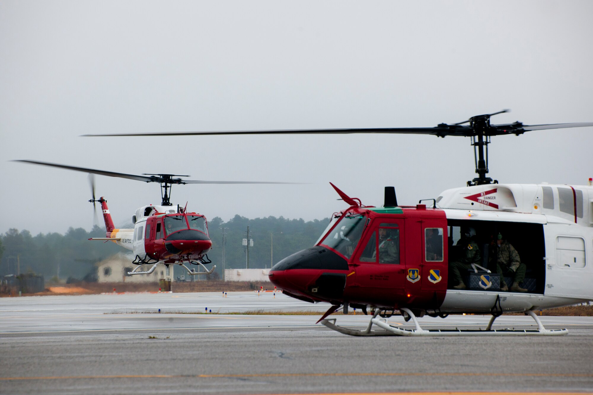 UH-1Ns arrive at their new home Feb. 27 at Duke Field, Fla.  The 46th Test Wing Huey flight left Eglin Air Force Base and the 40th Flight Test Squadron and are now a part of the 413th Flight Test Squadron.  The move is the first step to centralize all development, testing and evaluation of rotary wing aircraft in the Air Force.  (U.S. Air Force photo/Samuel King Jr.) 