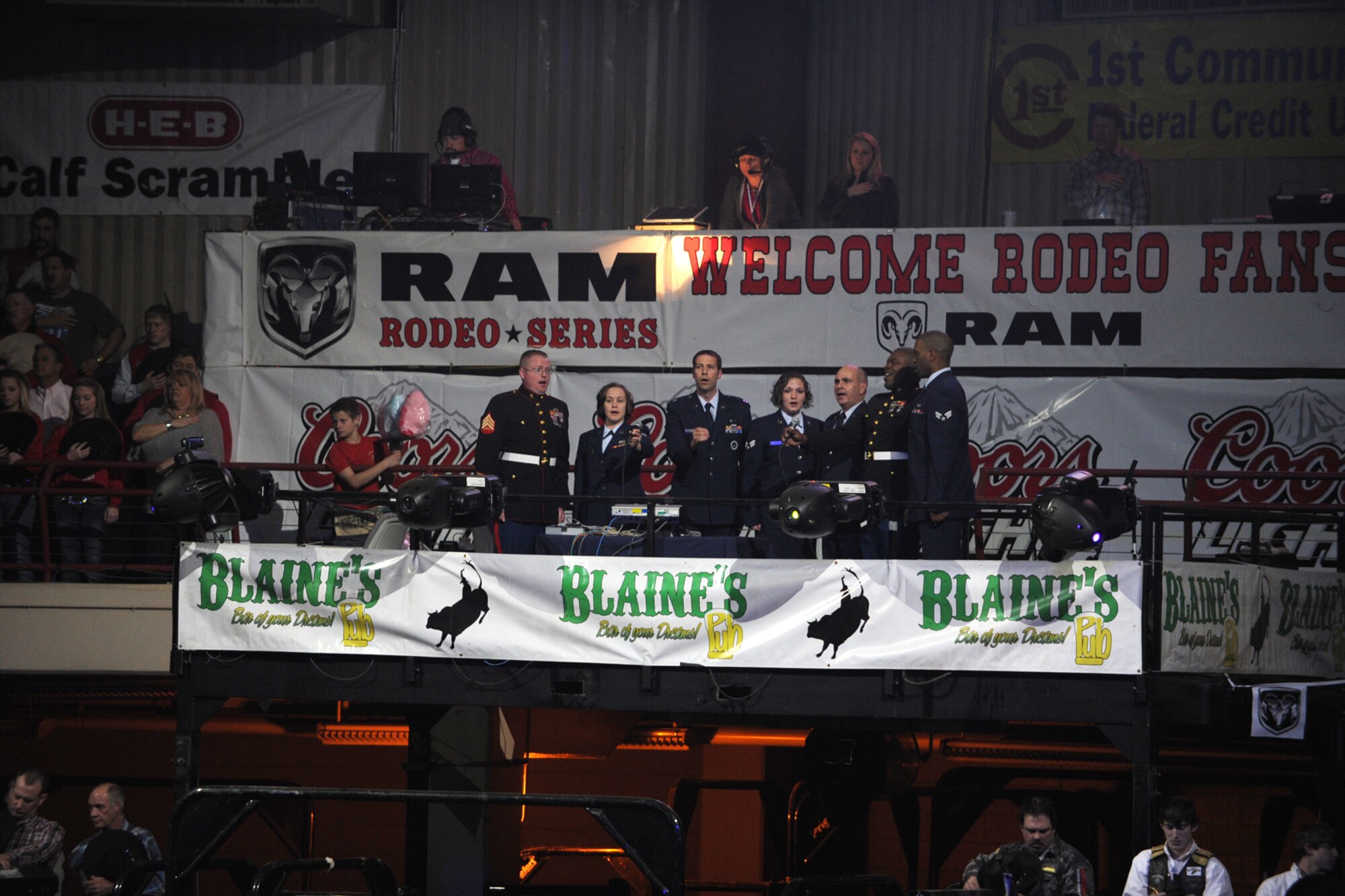 SAN ANGELO, Texas -- Goodfellow Air Force Base’s Patriotic Blue perform the national anthem as part of military appreciation night at the 80th Annual San Angelo Stock Show and Rodeo Feb. 22. This year’s rodeo included bareback riding, saddle bronc riding, bull riding, tie down roping, steer wrestling, team roping, mutton bustin’ and barrel racing. (U.S. Air Force photo/Staff Sgt. Laura R. McFarlane)