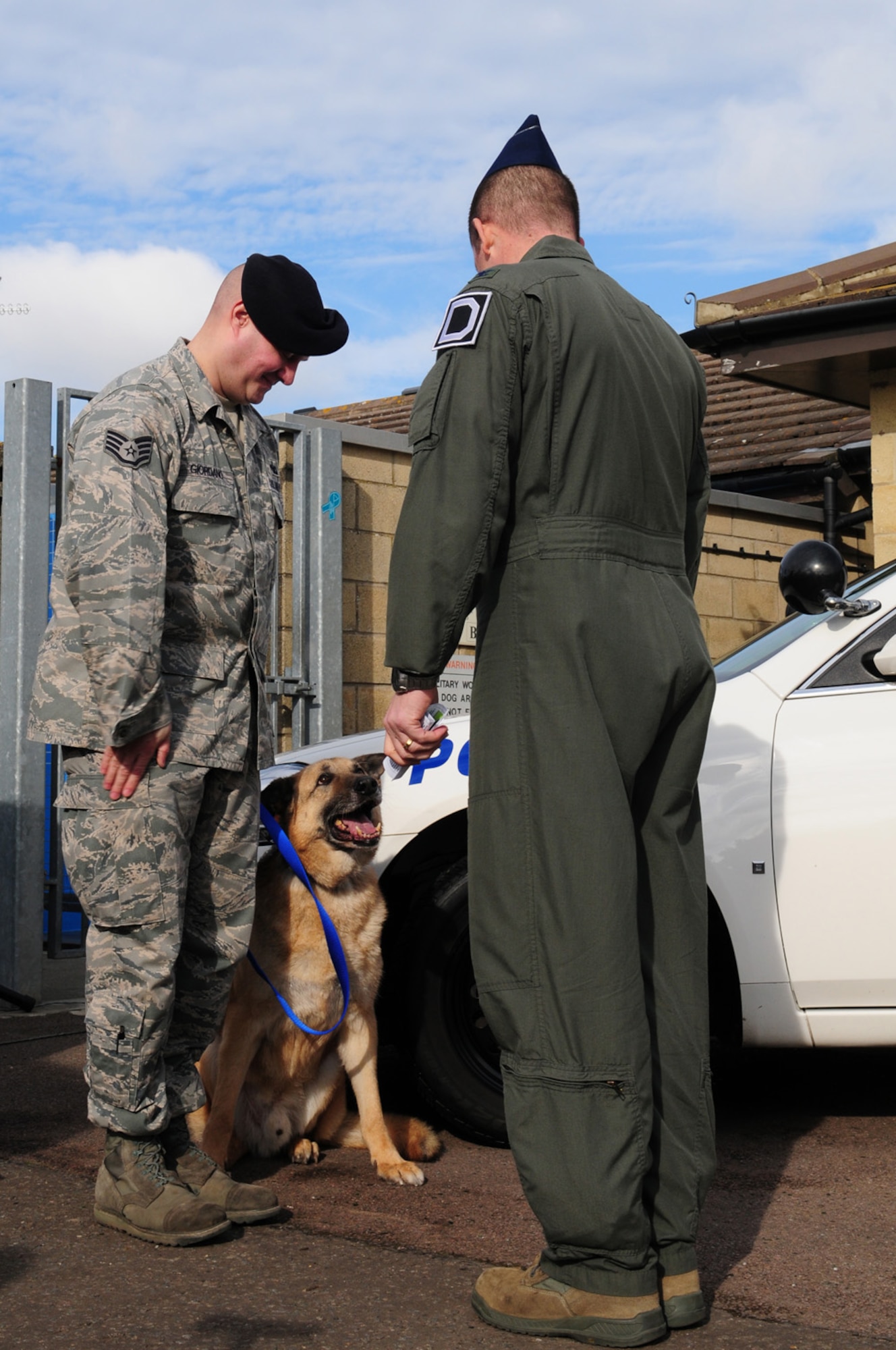 RAF MILDENHALL, England – Military Working Dog Desant looks up after his retirement ceremony Feb. 24, 2012, as Col. Kyle Voigt, 100th Air Refueling Wing vice commander, wishes him well and chats to Desant’s former handler, Staff Sgt. Samuel Giordano, 100th Security Forces Squadron. Voigt and Chief Master Sgt. Christopher Powell, 100th ARW command chief, were among several base leadership in attendance. (U.S. Air Force photo/Karen Abeyasekere)