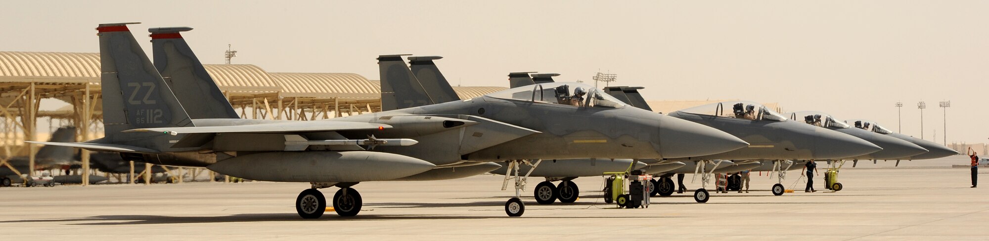 SOUTHWEST ASIA - A fourship of F-15s prepares to take off for a training sortie Feb. 22, 2012. The 44th Expeditionary Fighter Squadron, deployed from Kadena Air Base, Japan, flies with the 380th Air Expeditionary Wing in Southwest Asia. Their mission is both deterrence as part of the defense of the Arabian Gulf, and training with partners in the region. (U.S. Air Force photo/Tech. Sgt. Arian Nead)