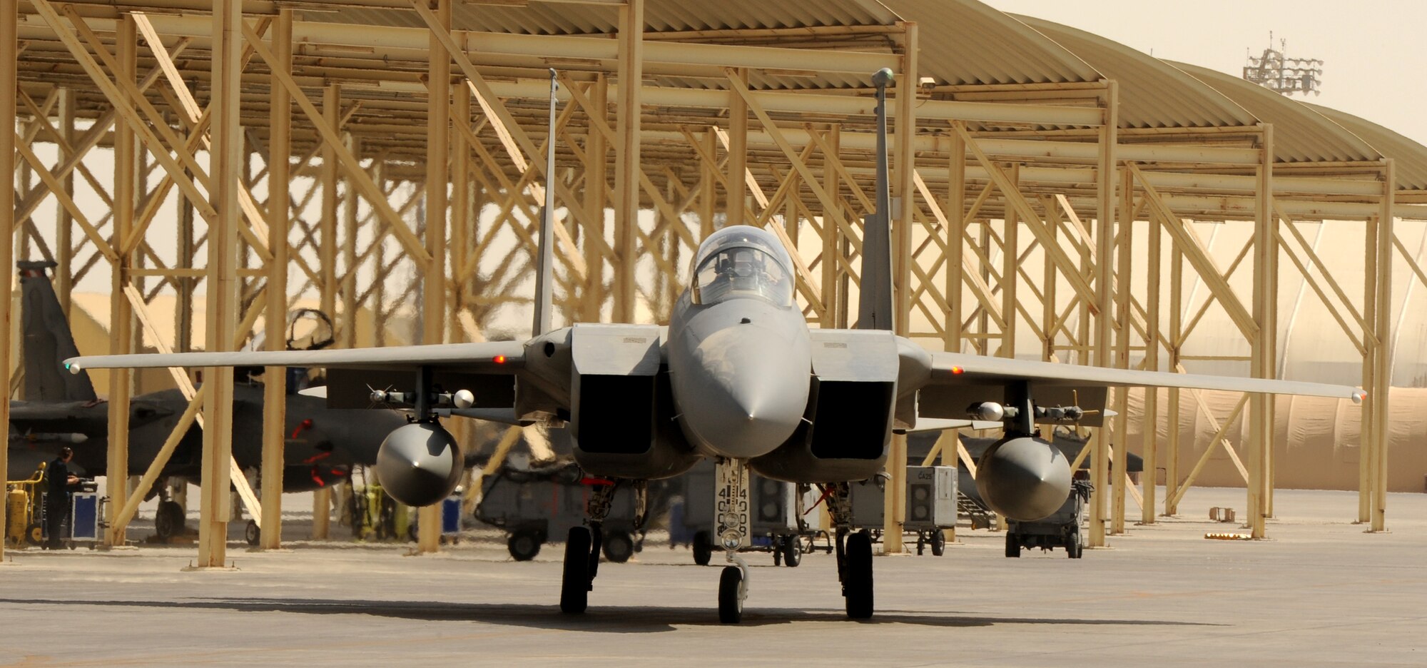 SOUTHWEST ASIA - An F-15 Eagle taxis prior to a training sortie Feb. 22, 2012. The 44th Expeditionary Fighter Squadron, deployed from Kadena Air Base, Japan, flies with the 380th Air Expeditionary Wing in Southwest Asia. Their mission is both deterrence as part of the defense of the Arabian Gulf, and training with partners in the region. (U.S. Air Force photo/Tech. Sgt. Arian Nead)