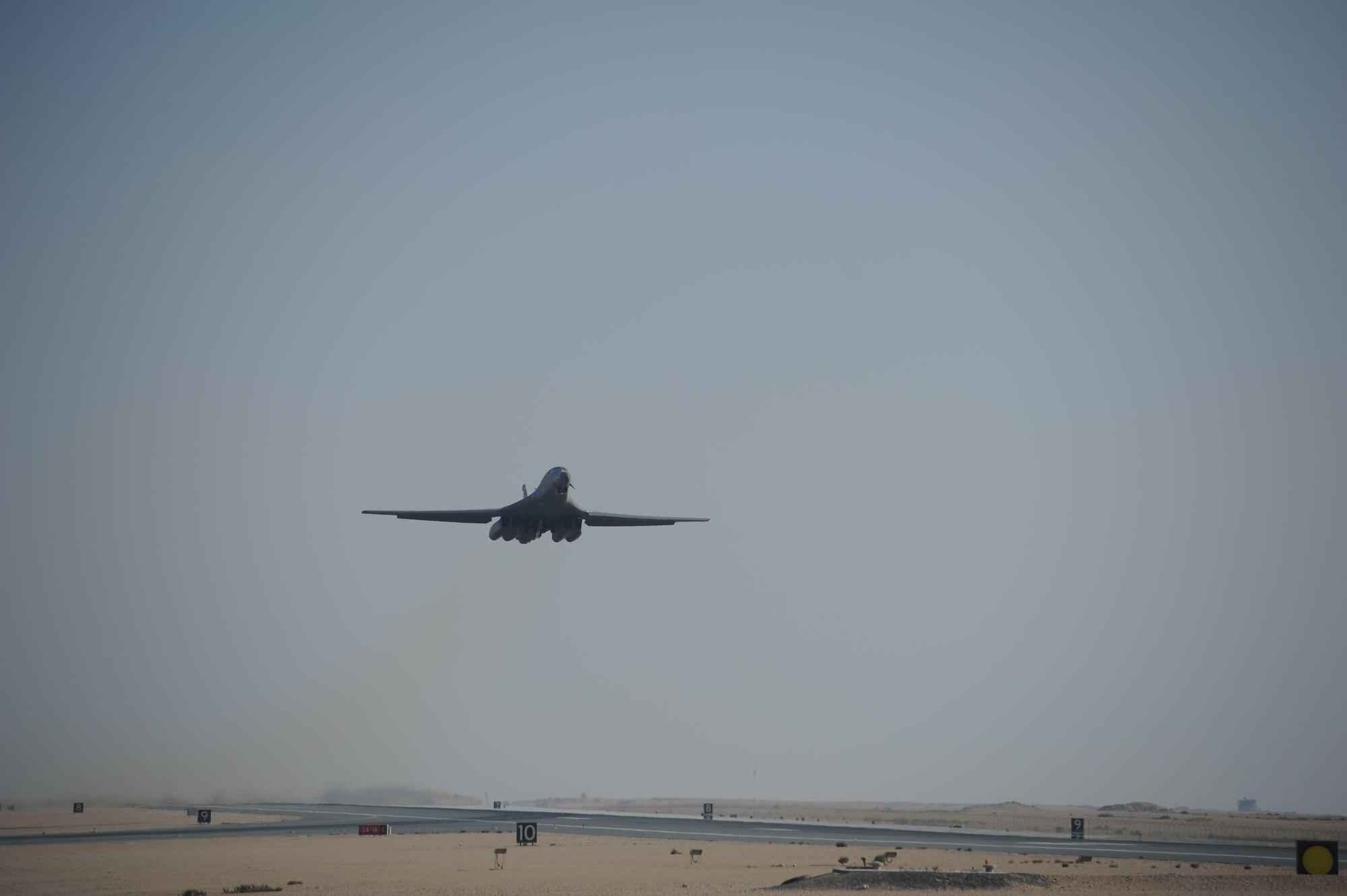 A B-1 Lancer takes off for the airframe’s 10,000th combat mission here Feb. 26, 2012. The B-1, or “Bone” as it is affectionately known, performed its first combat mission in December 1998 during Operation Desert Fox.  The B-1’s historic 10,000th combat mission was performed in support of ground forces in Afghanistan.  (U.S. Air Force photo/Staff Sgt. Nathanael Callon)