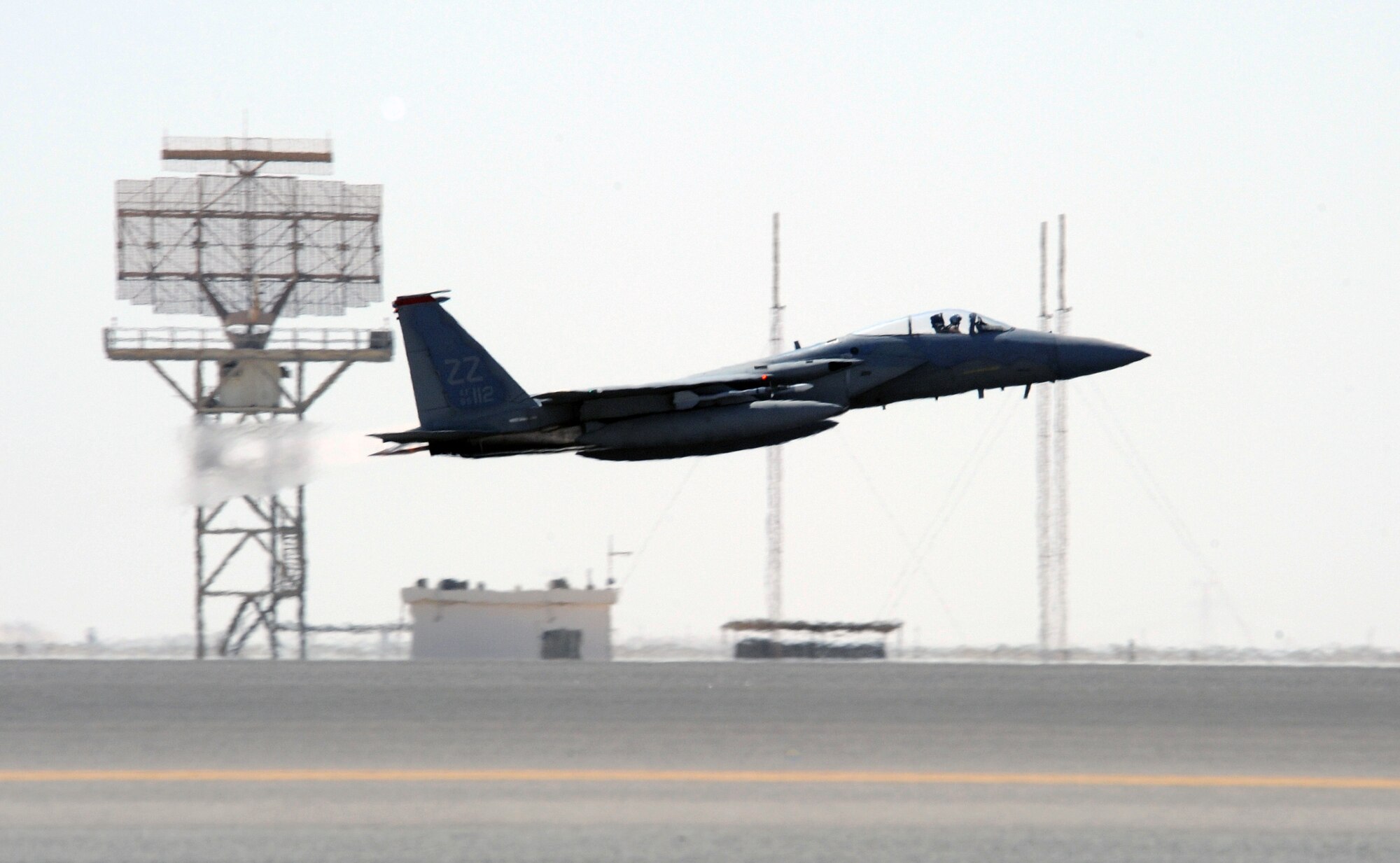 SOUTHWEST ASIA - Capt. Tyler Marsh takes off for a training sortie in his F-15 Eagle Feb. 22, 2012. The 44th Expeditionary Fighter Squadron, deployed from Kadena Air Base, Japan, flies with the 380th Air Expeditionary Wing in Southwest Asia. Their mission is both deterrence as part of the defense of the Arabian Gulf, and training with partners in the region. (U.S. Air Force photo/Staff Sgt. J.G. Buzanowski)