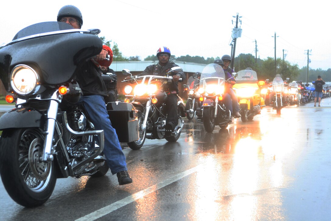 Nearly 200 motorcyclists take off from the Disabled American Veterans building on a route around Jacksonville, eventually ending at the Lejeune Memorial Gardens during the 5th annual Vietnam Veterans Memorial Motorcycle Run and Rally, Sept. 24. Once at the memorial, a recognition ceremony commenced where the names of 41 American service members who have been returned from Vietnam after the memorial was built were read, their names to be later added to the wall.