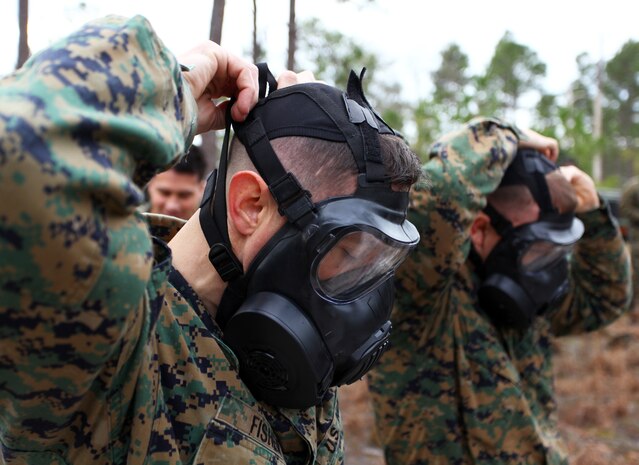 Marines and Sailors with Command Element, 24th Marine Expeditionary Unit, conduct annual chemical, biological, radiological and nuclear defense training aboard Camp Lejeune, N.C., Feb. 27, 2012. This training enabled the Marines to learn how to use the new M50 joint service general purpose gas mask.